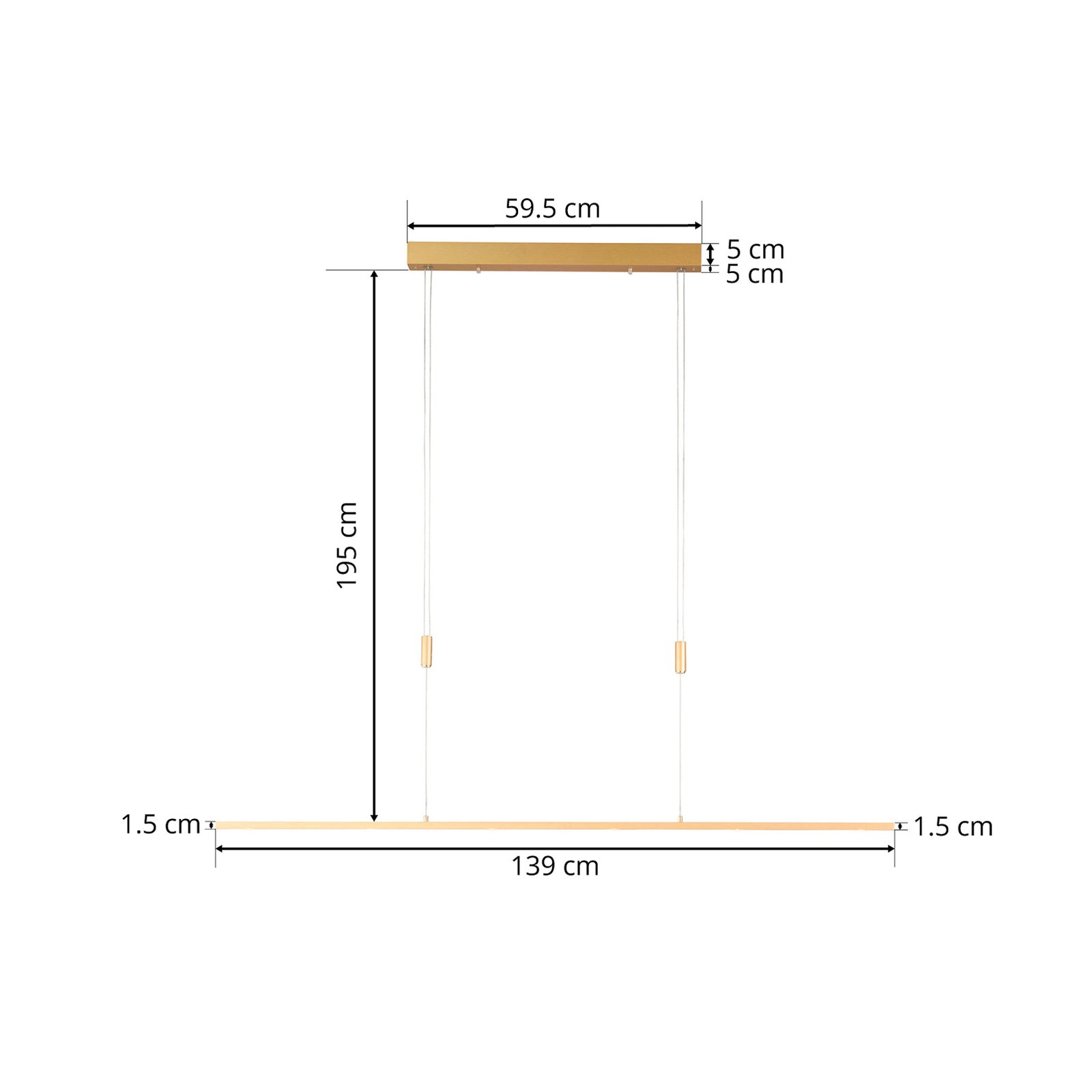 Quitani LED-pendellampe Tolu, længde 139 cm, messing