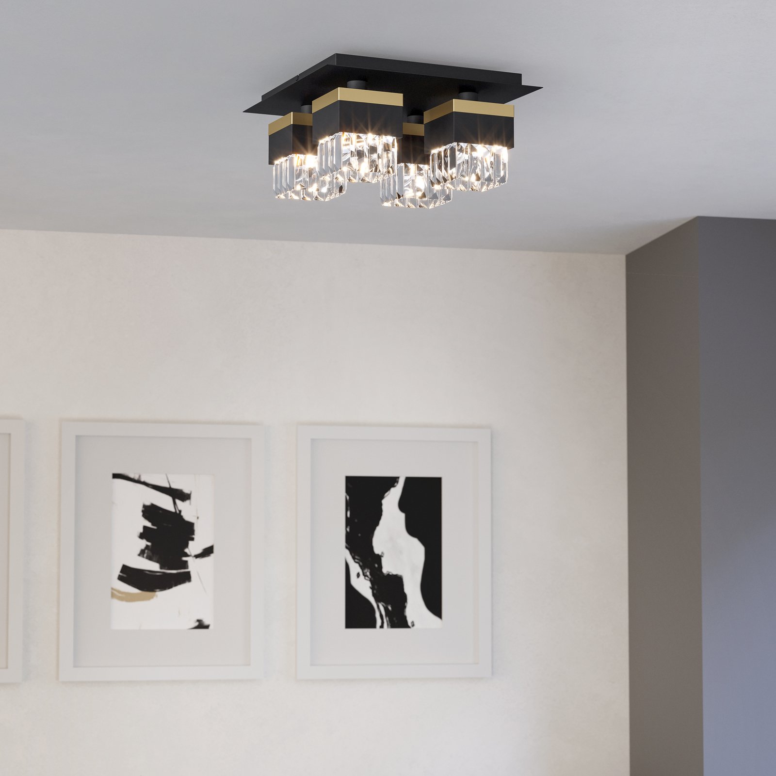 Barrancas ceiling lamp, black/gold, crystal glass