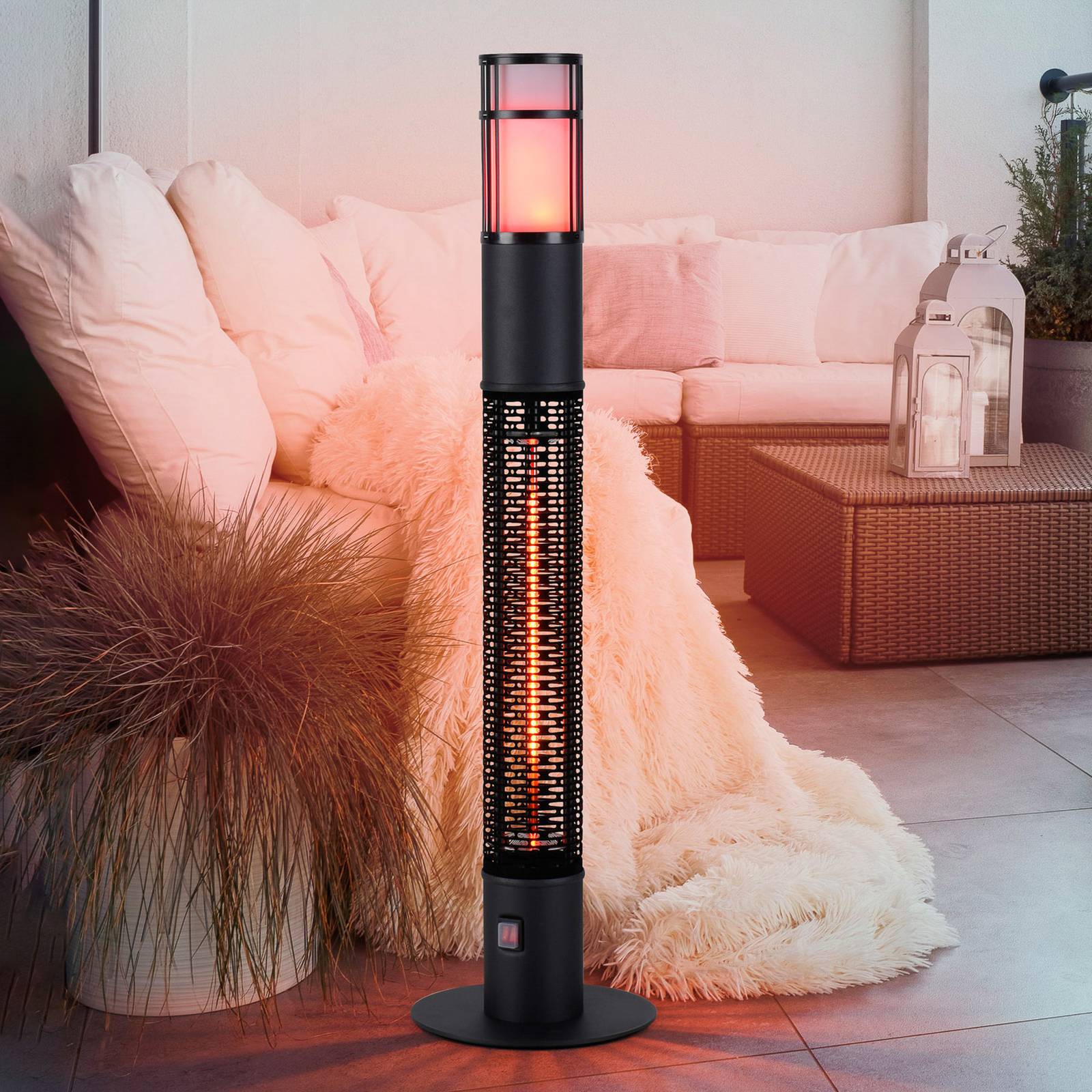 Glow standing radiant heater, flame effect LEDs Lights.co.uk