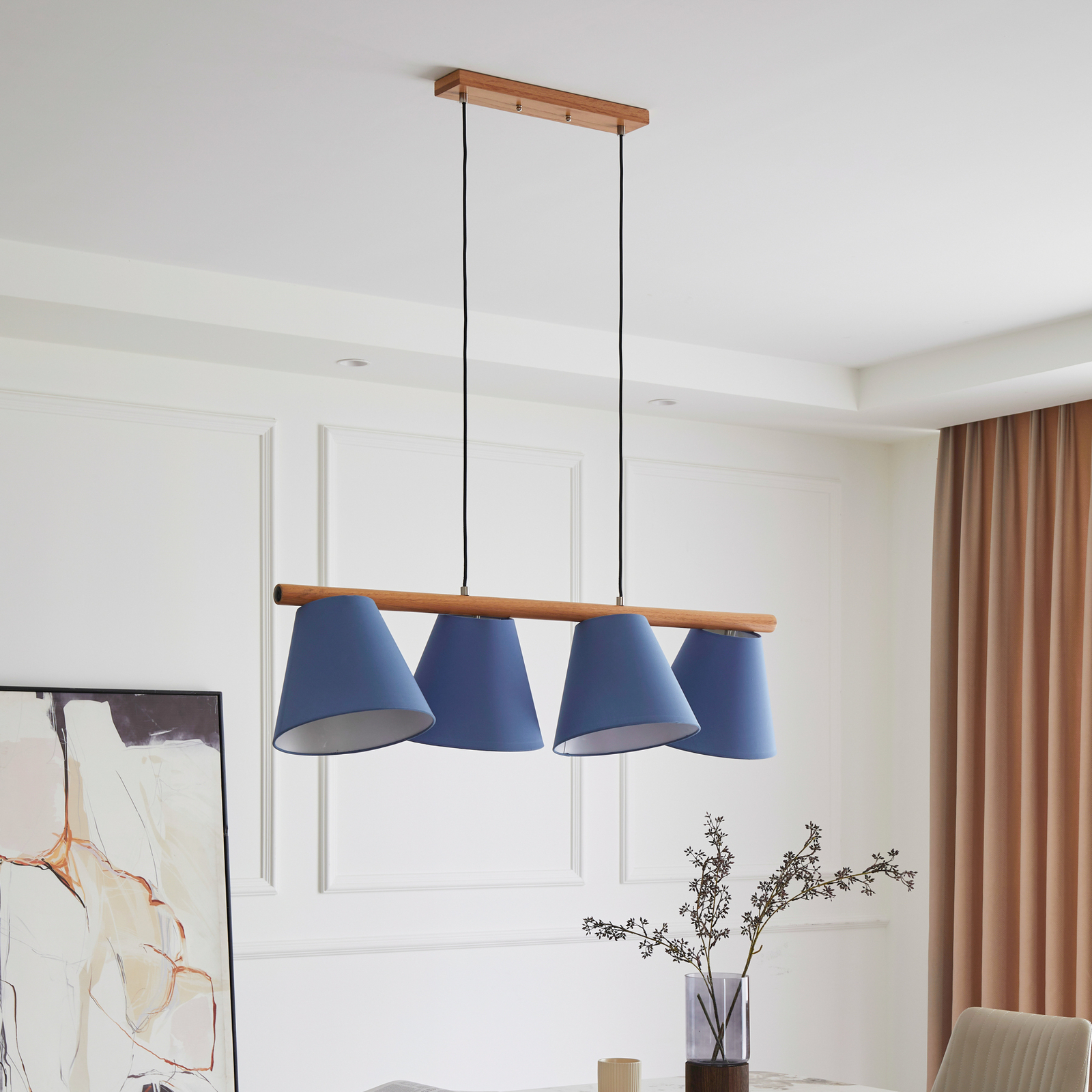 Lucande Jinda hanglamp, hout, blauwe stof