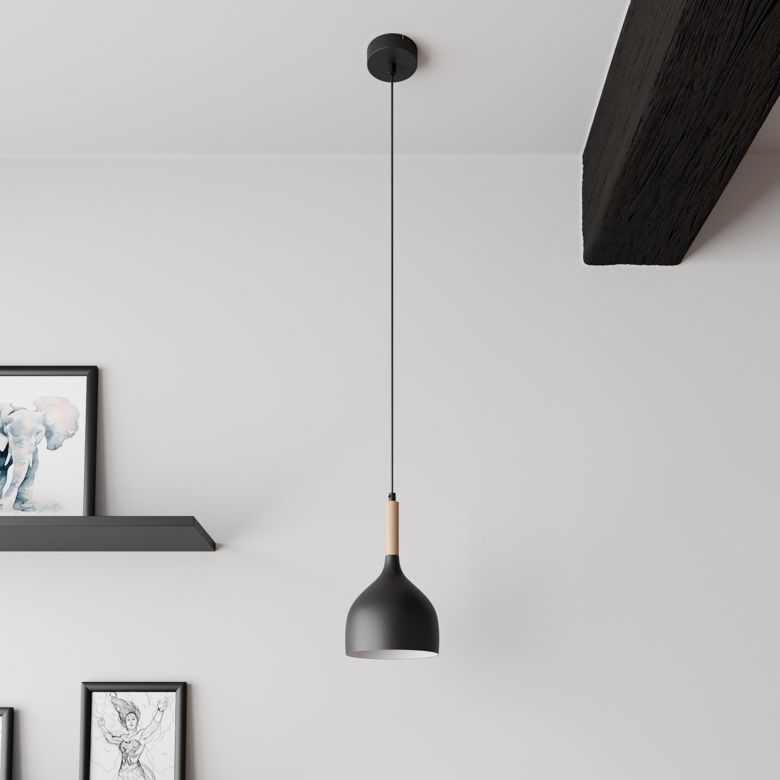 Noak hanging light 1-bulb, black/natural wood