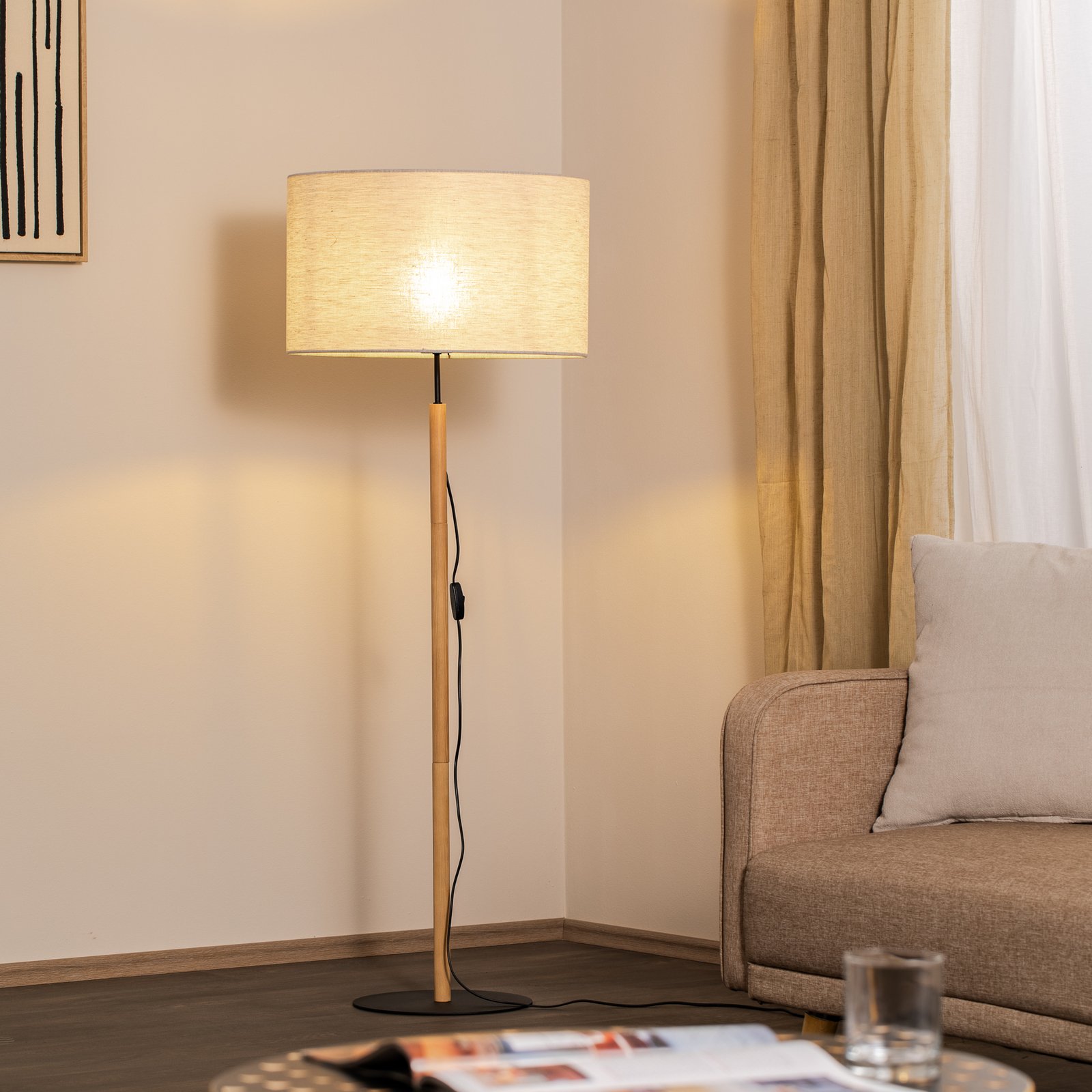 Lampa stojąca Deva Nature, tkanina, drewno