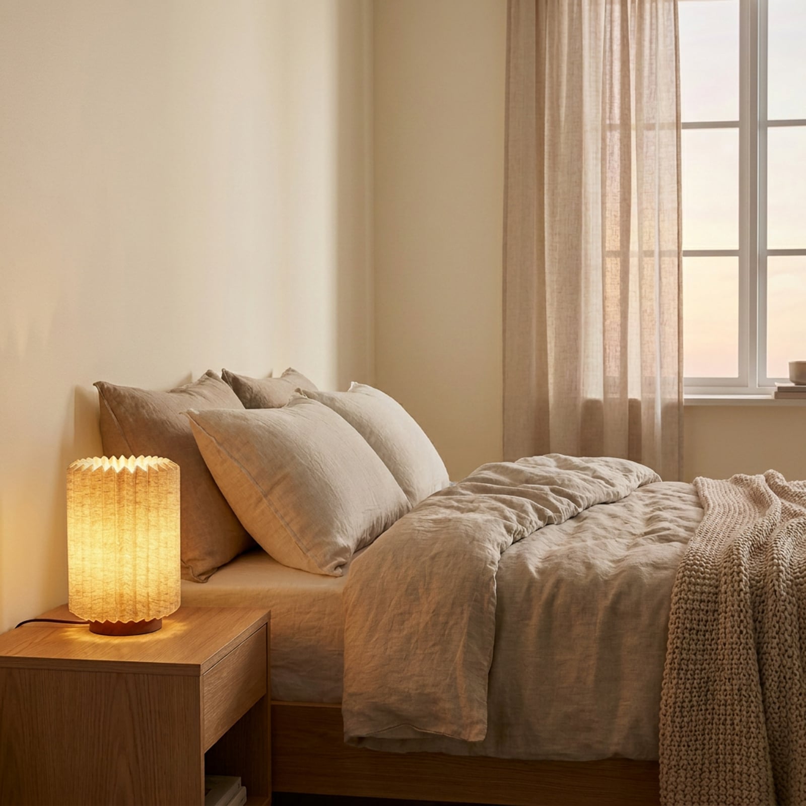 Lampe à poser, noyer/lin, plissée, hauteur 30 cm - Lindby Lampe à poser, noyer/lin, plissée, hauteur 30 cm - Lindby