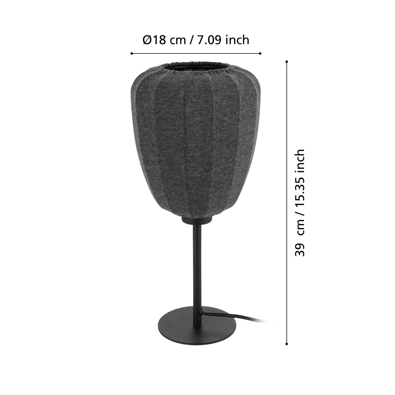 Lampe de table Barlaston, hauteur 39 cm, noir/gris, métal/tissu