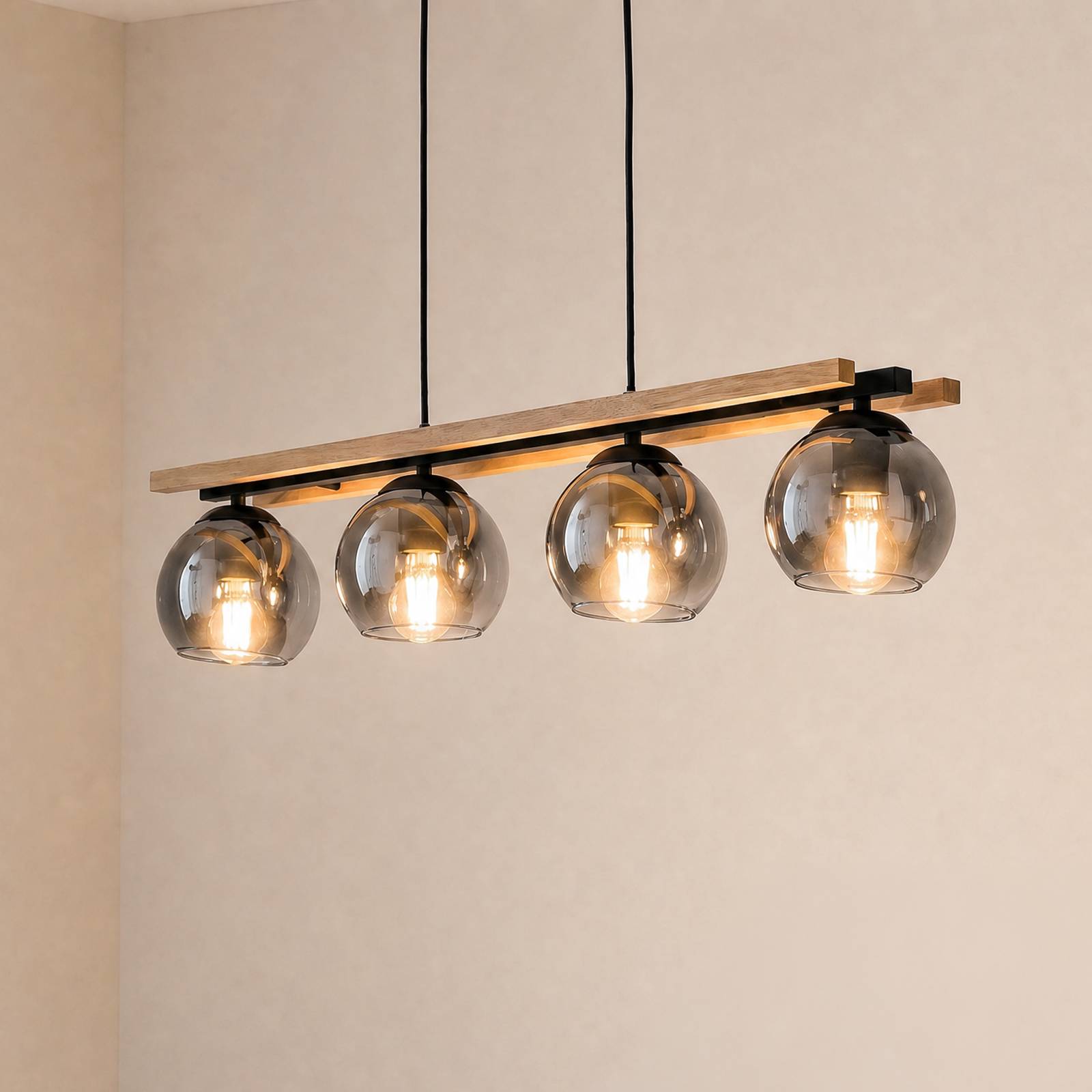 Suspension Lindby Enrique, gris fumé, à 4 lampes, verre, E27