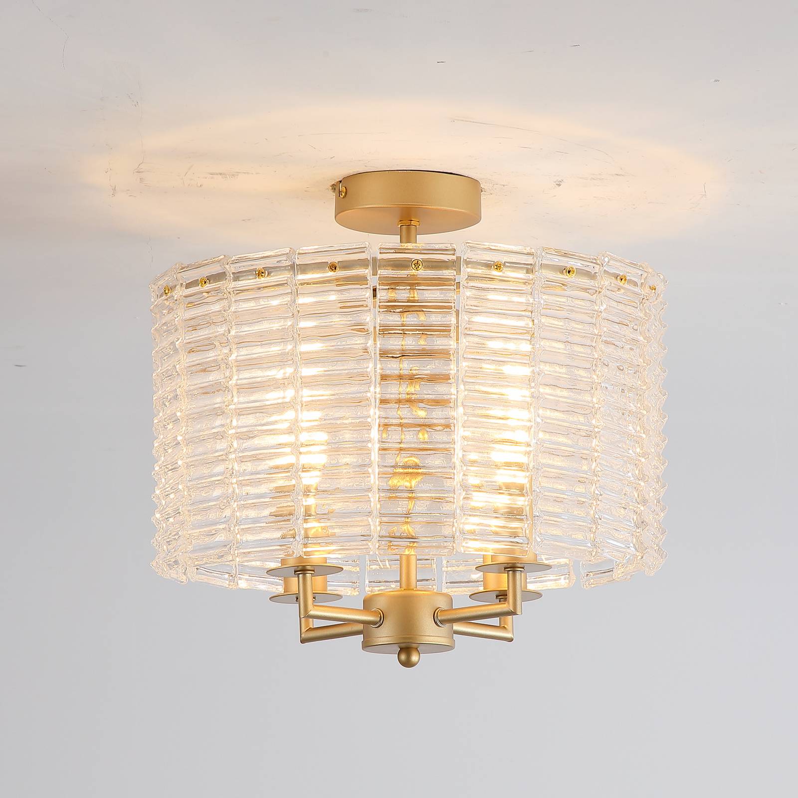 Searchlight Plafondlamp Flute, goudkleurig/transparant, glas, metaal, E14