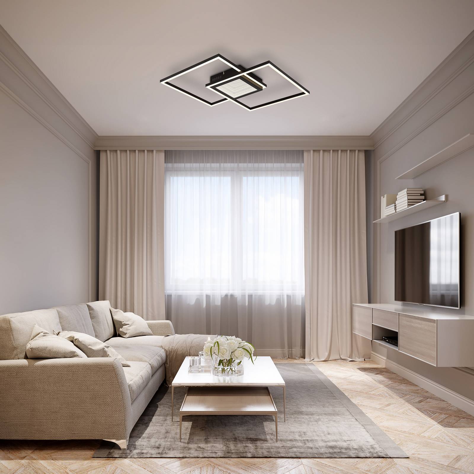 Lampa sufitowa LED Saunders, długość 43 cm, czarna, efekt 3D