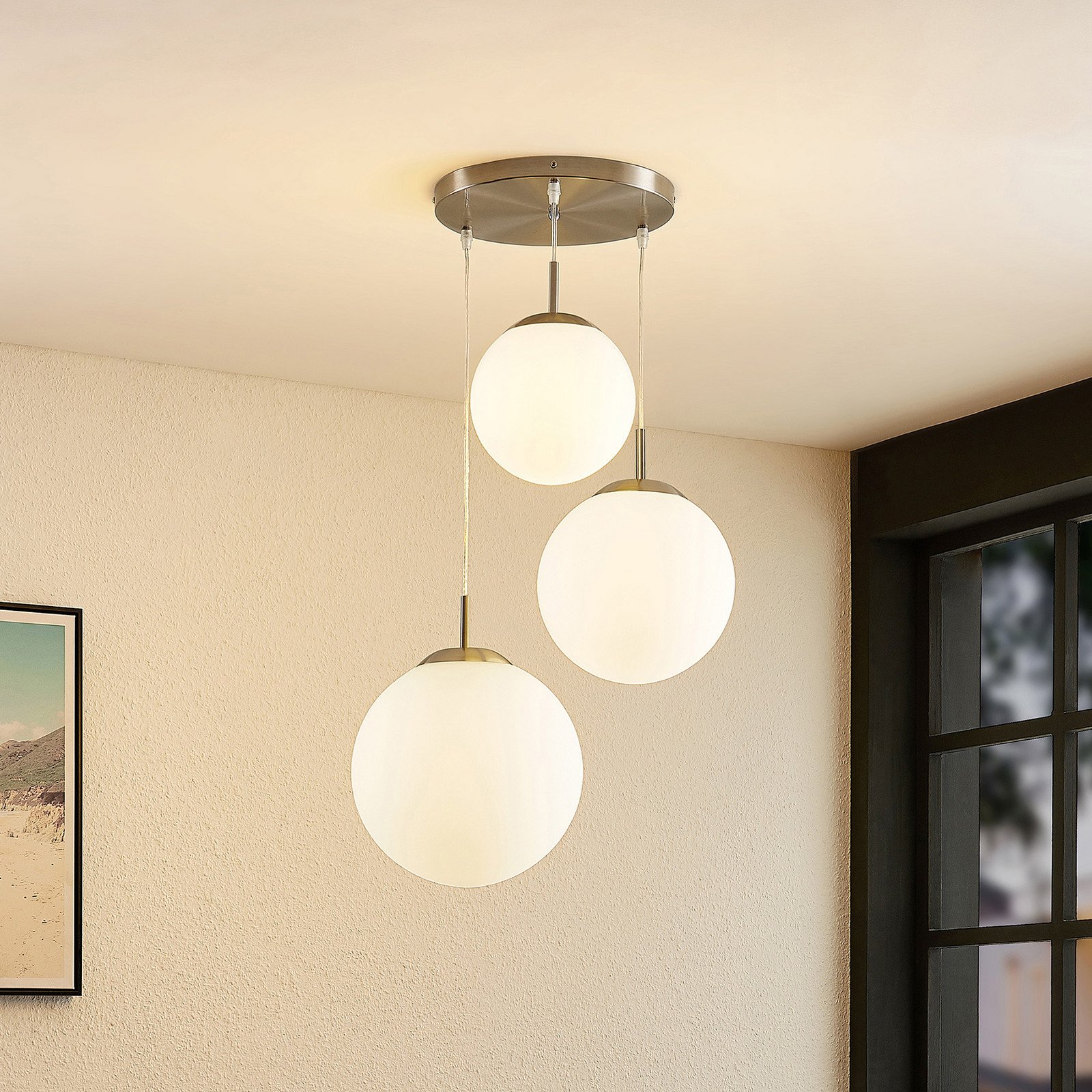 Lampă suspendată Lindby Heleska alb sticlă 3 becuri Ø 47cm - Camera de zi / sufragerie - modern - nichel mat alb opal