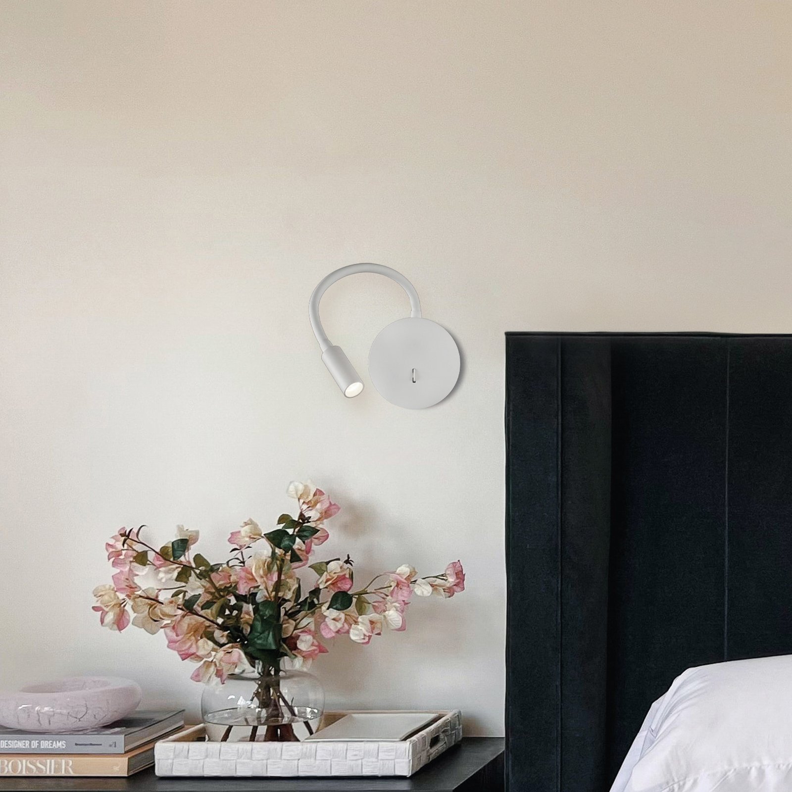 Lâmpada de leitura de parede Lyon LED, braço flexível, interrutor, branco