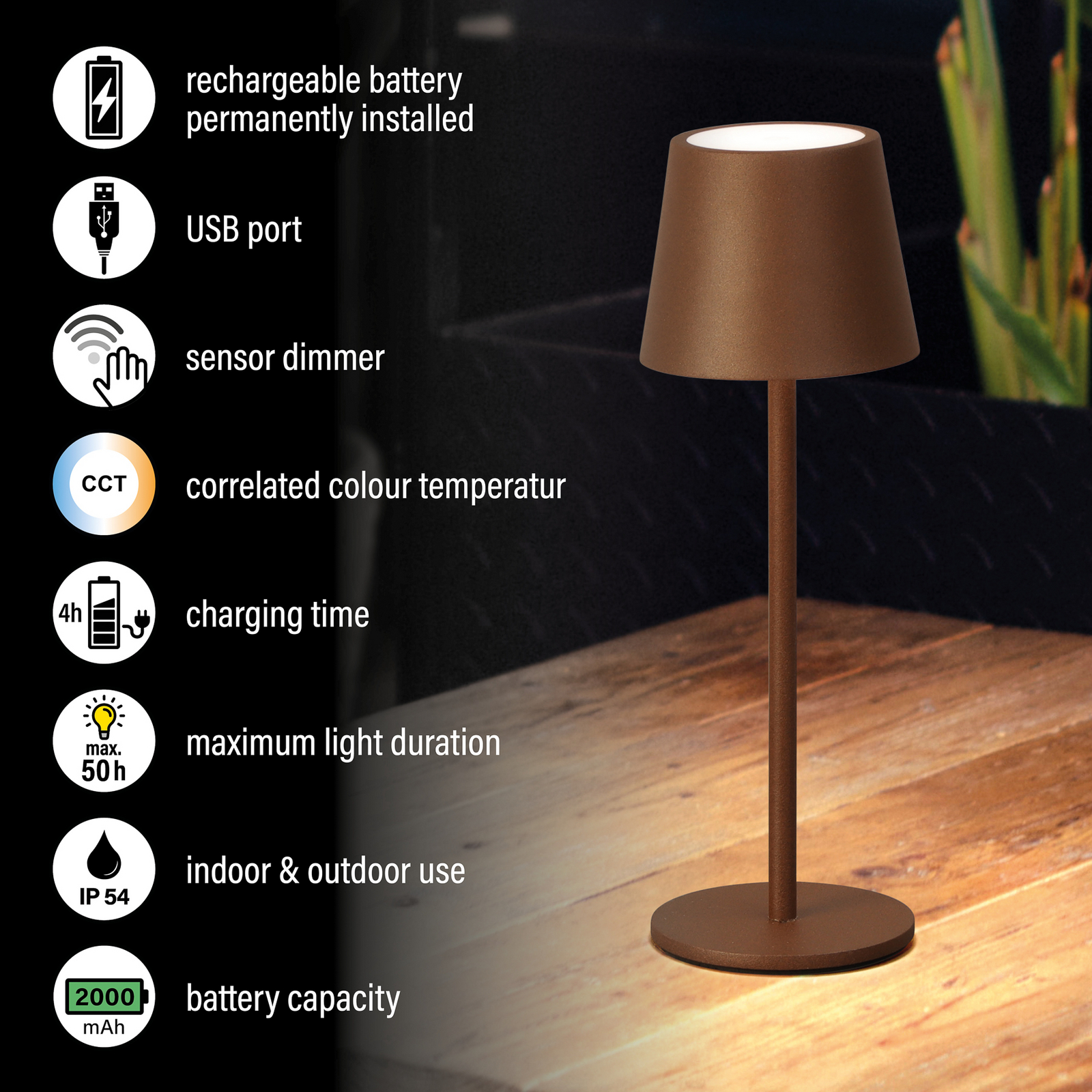 Lampa stołowa LED Roxi, kolor rdzy, metal, IP54, ściemniana