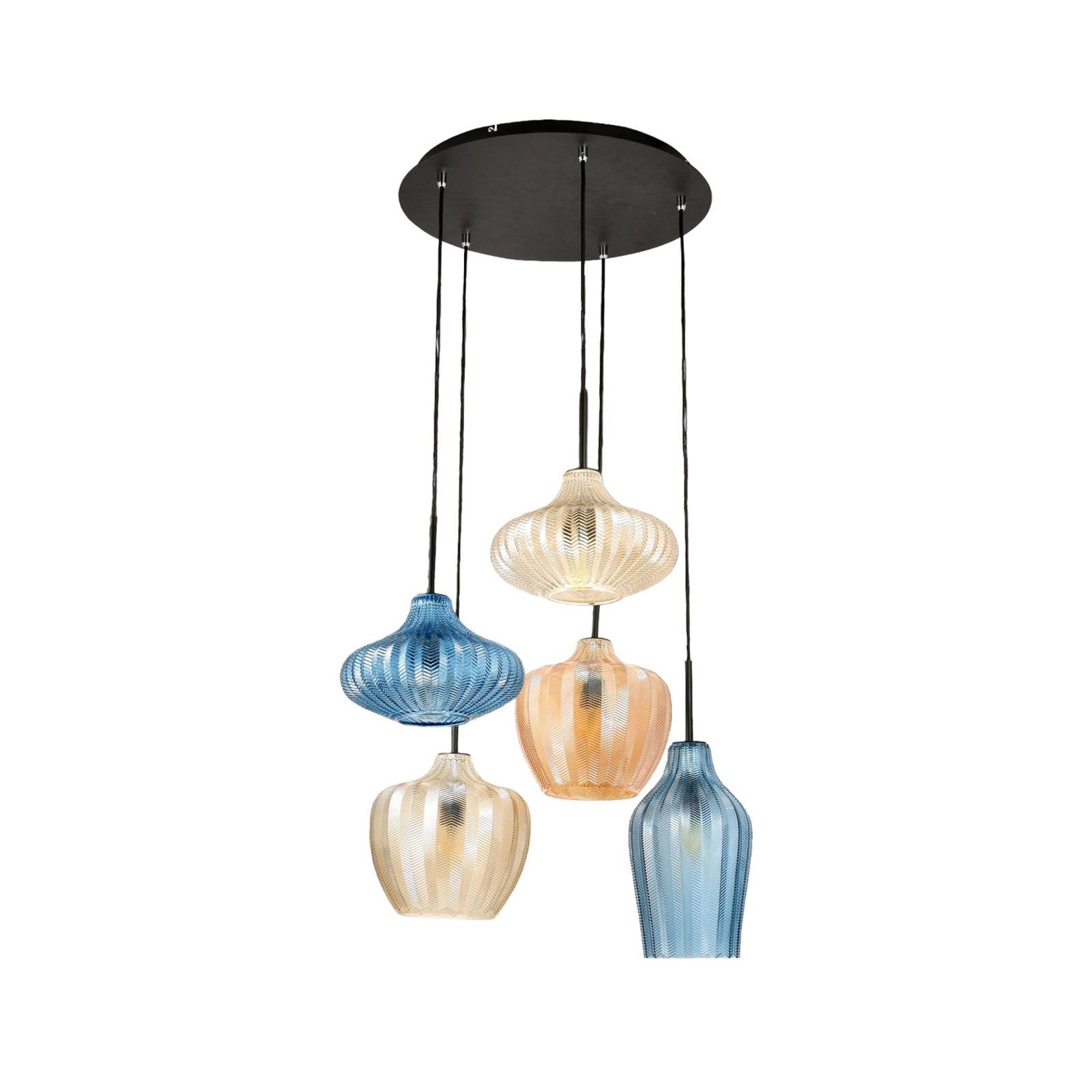 Hängelampe Olbia, Ø 50 cm, 5-flammig, amber/blau/beige, Glas