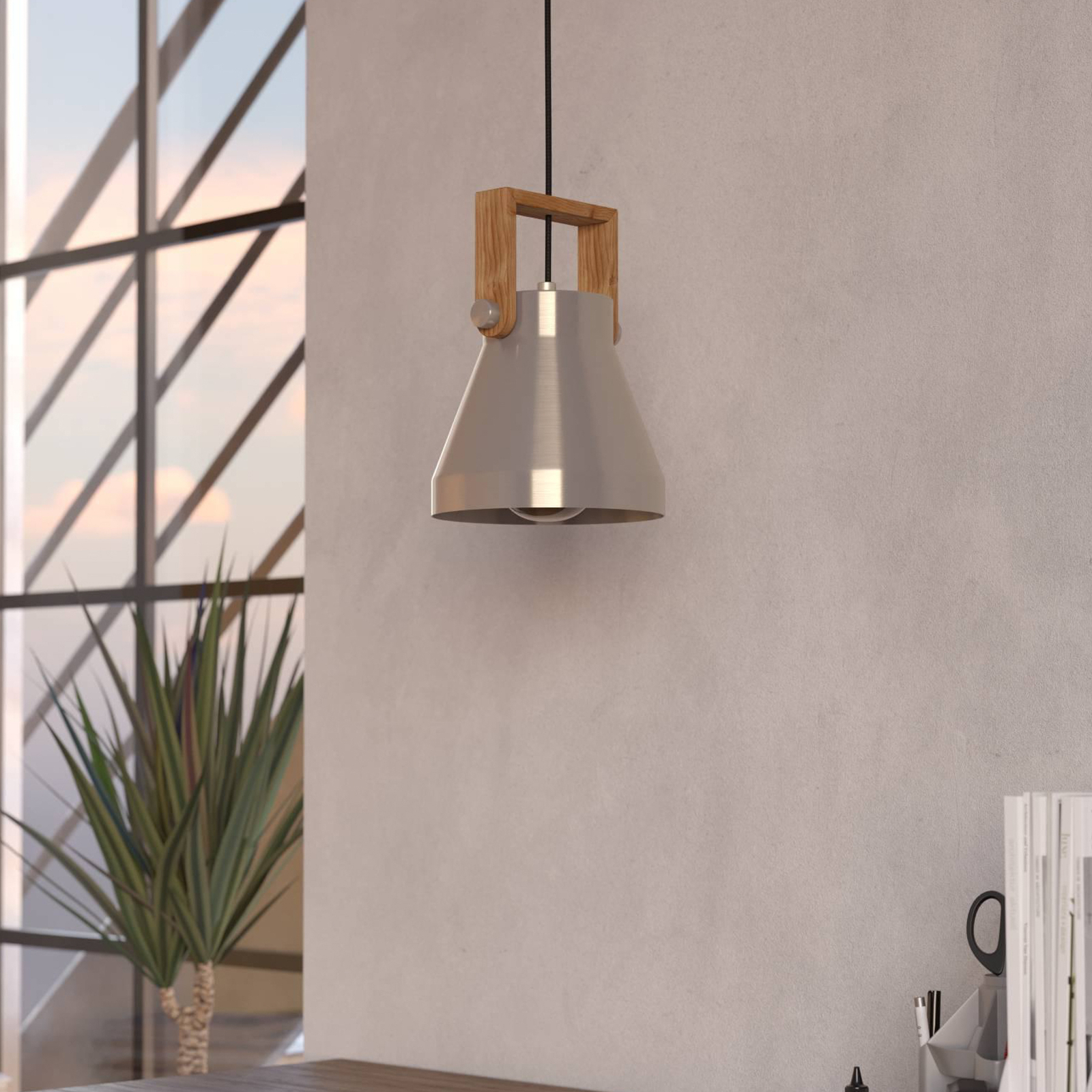 Cawton lámpara colgante, Ø 16 cm, acero/marrón, acero/madera