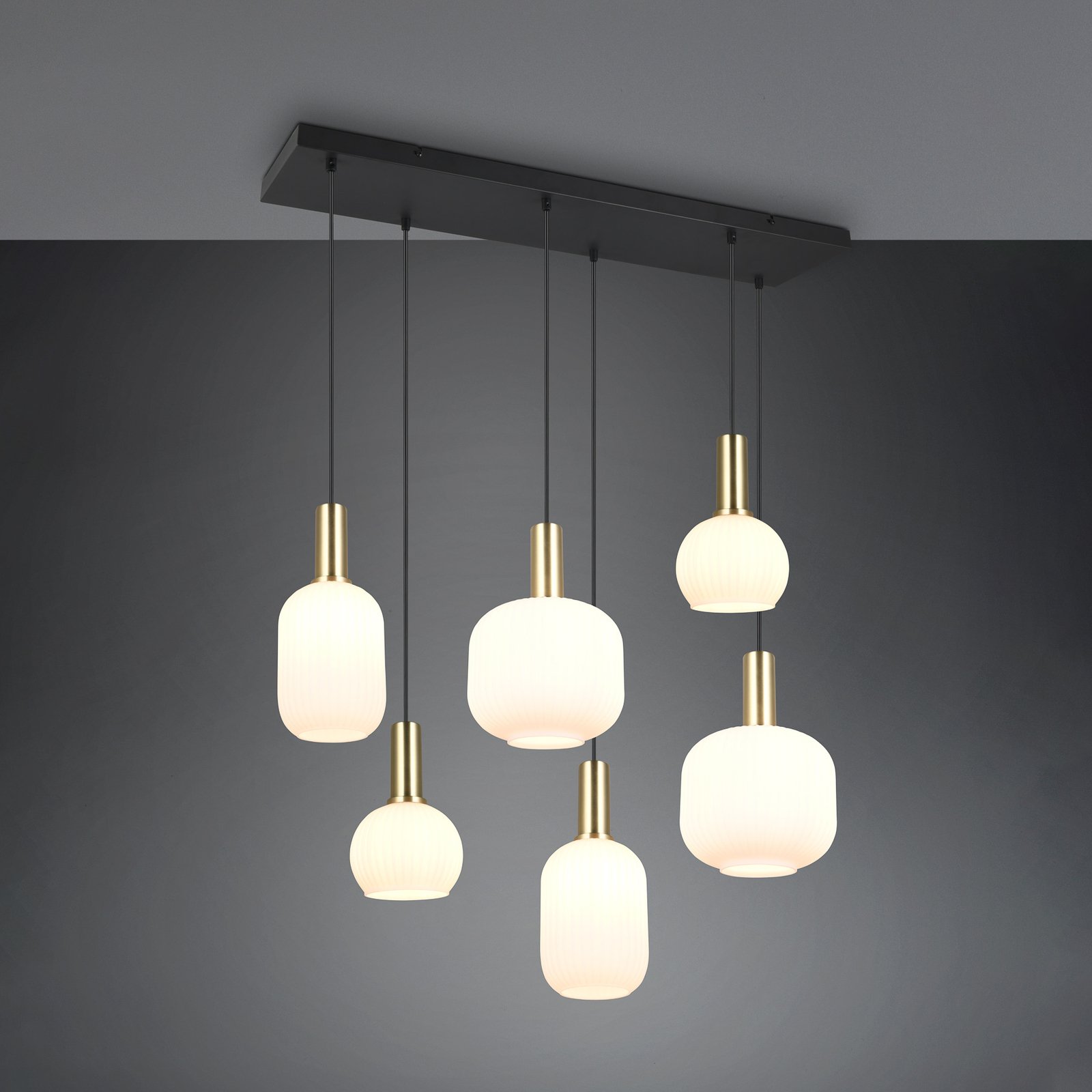 Diva pendant light, 6-bulb, brass-coloured, opal, metal, glass