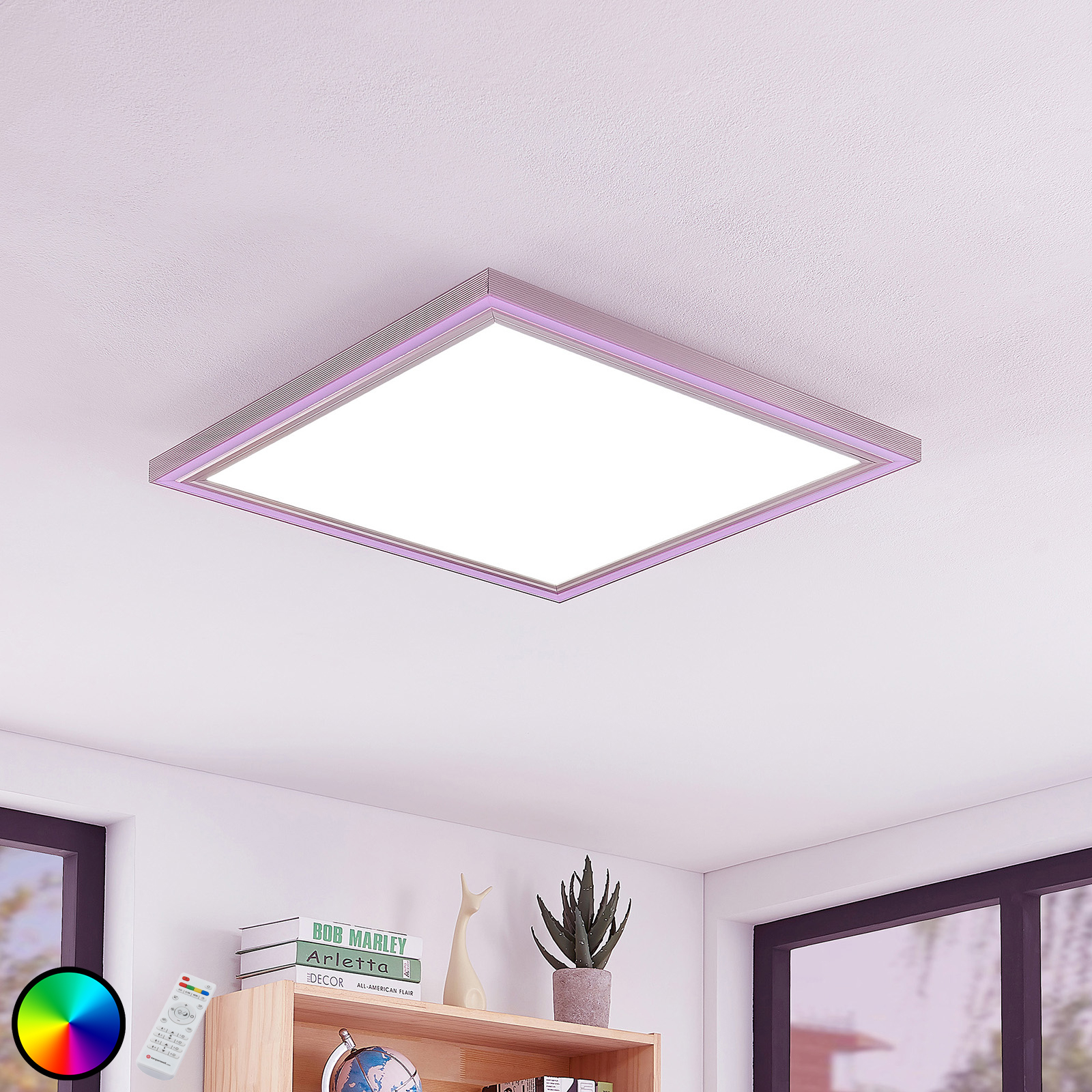 Lynn LED ceiling light, CCT+RGB, angular, 60x60 cm, Lampenwelt.com, for Living / Dining Room, aluminium, plastic, 39 W, energy efficiency: A+, L: 60 cm, W: 60 cm, H: 5.2 cm