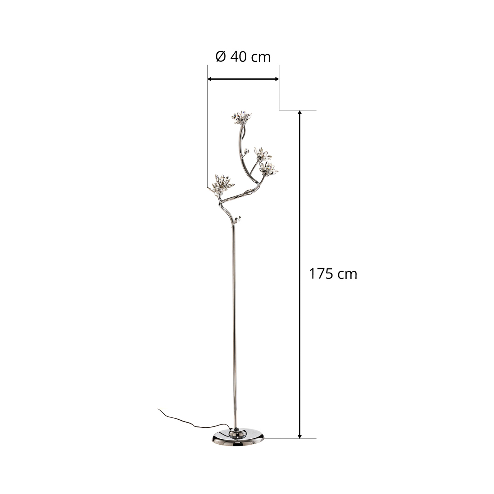 Lampe sur pied Ninfea, chrome, fleurs de cristal, 175 cm