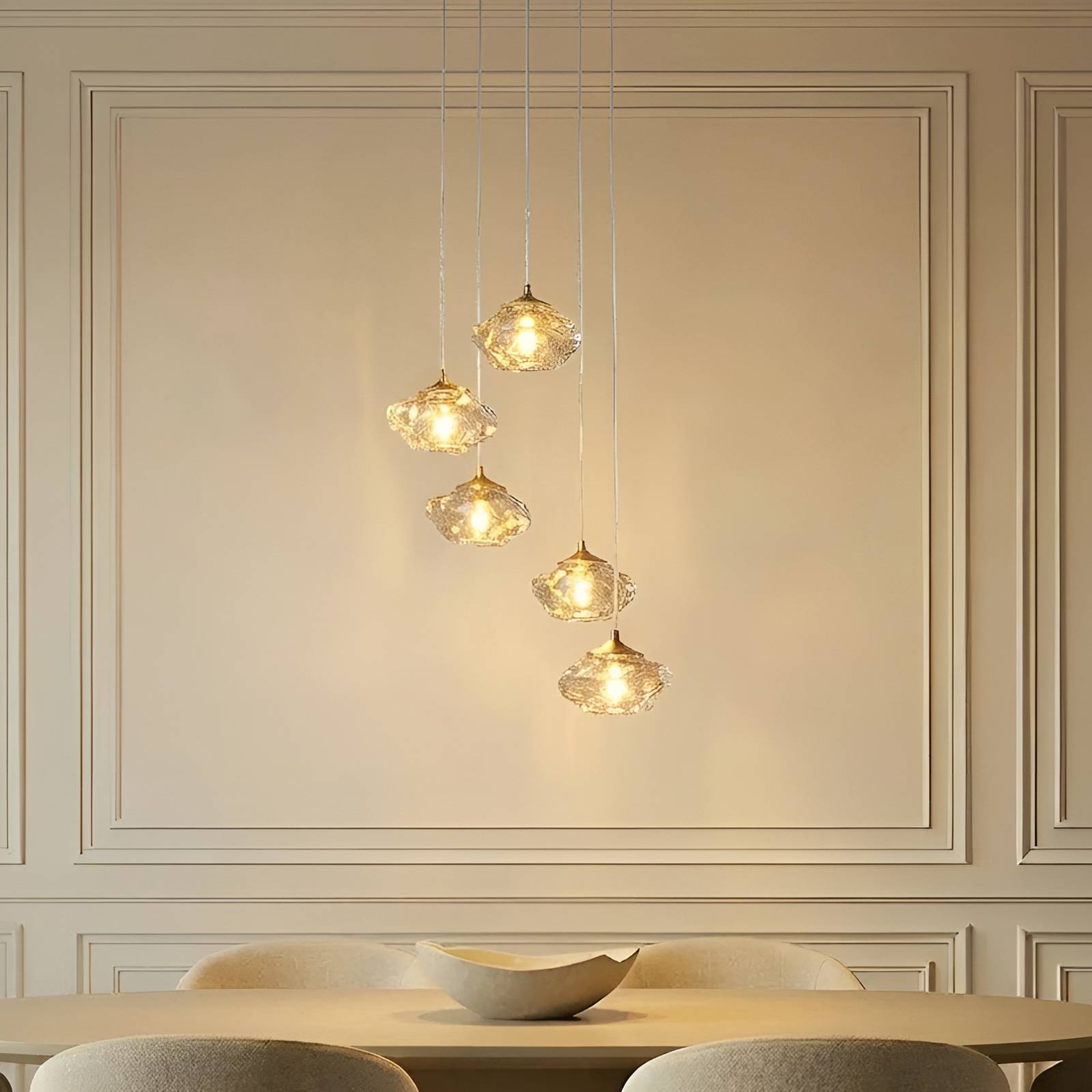 Lindby Hängelampe Piatra, Ø45cm, 5-flg, amber/messing, Glas günstig online kaufen