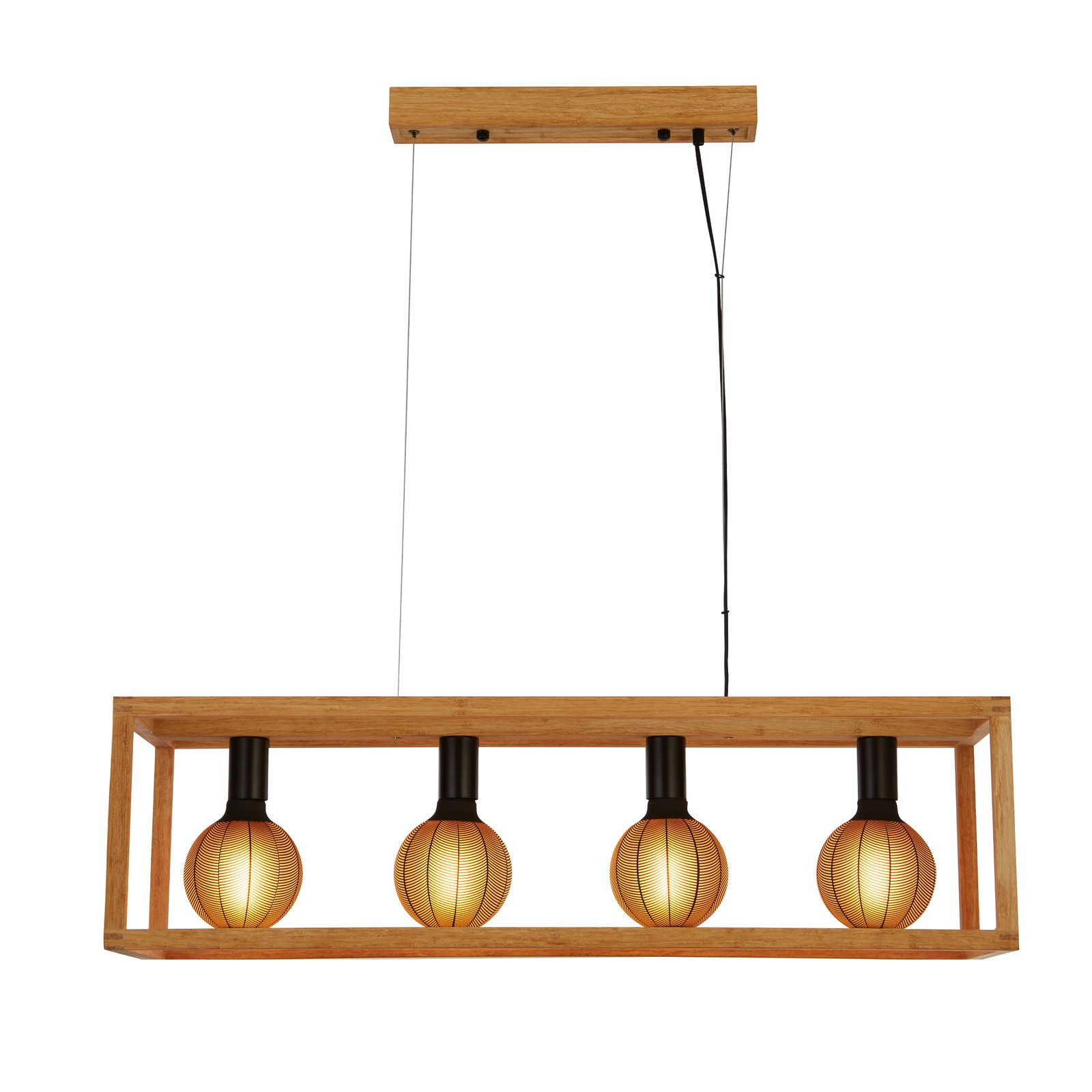 Square pendant light, 4-bulb, 90 cm long, bamboo, E27