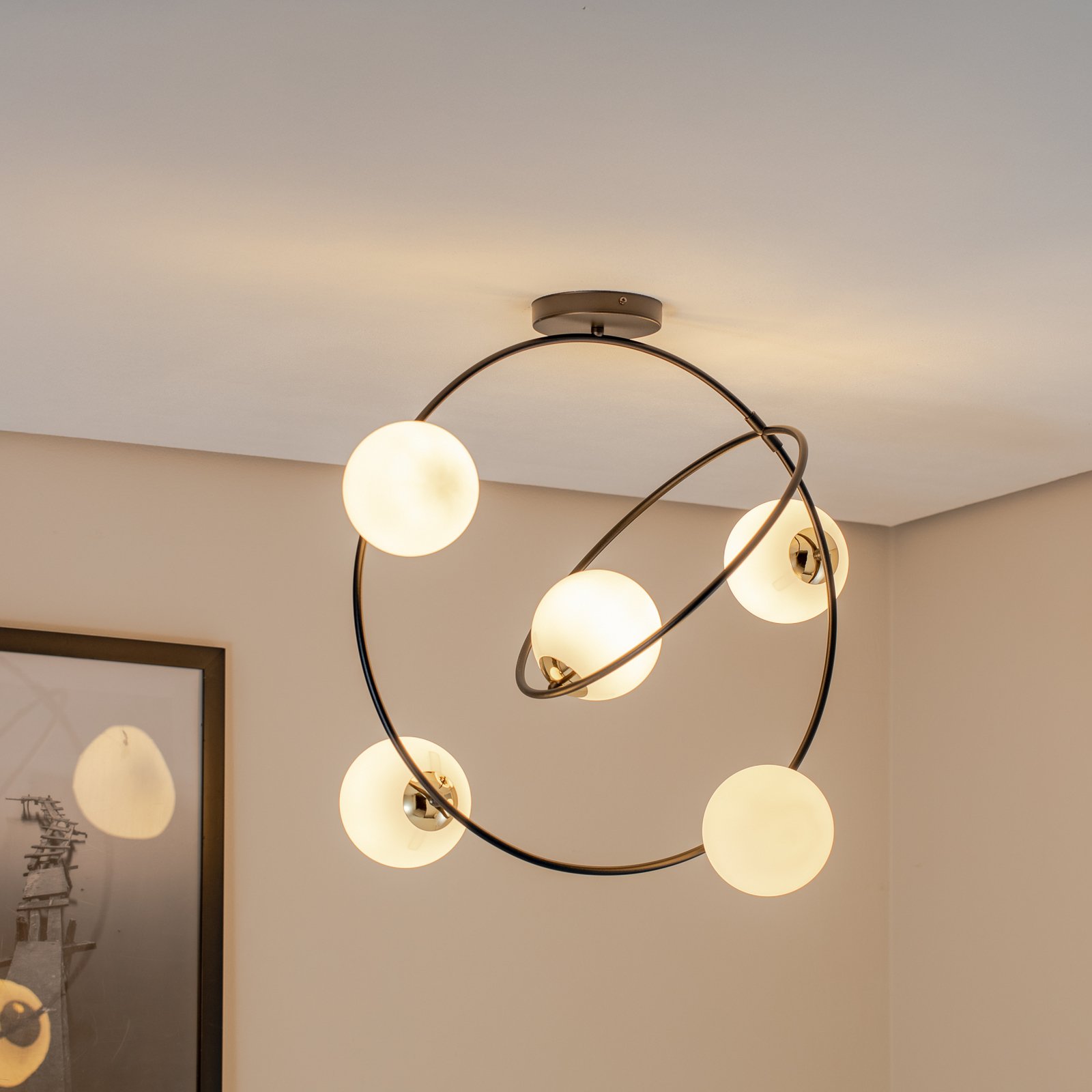 Stardom ceiling light, opal white/black, glass, E14