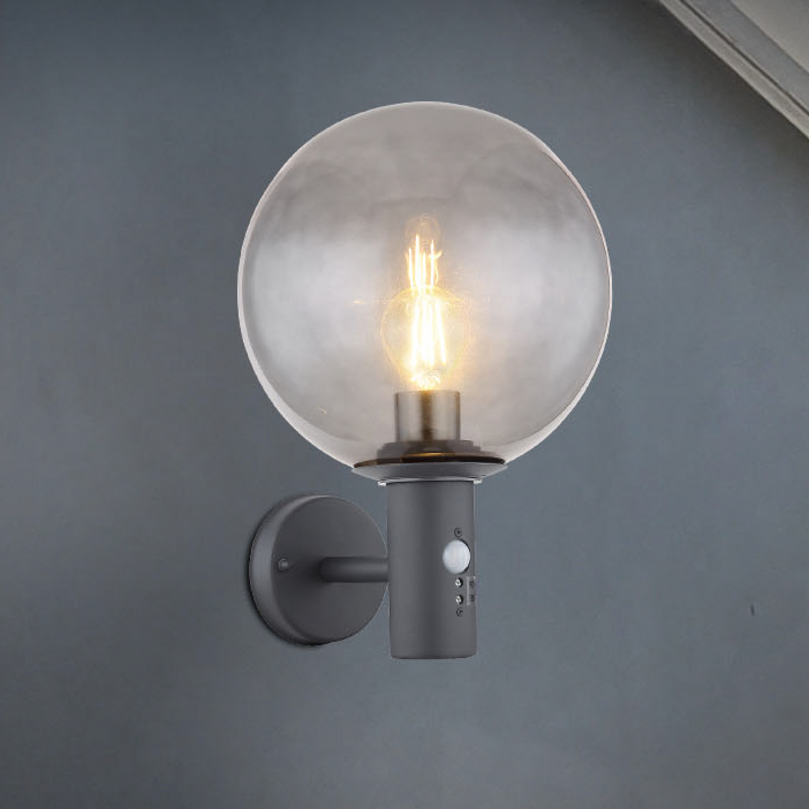 Außenwandlampe Hedwig, anthrazit/rauch, Sensor, IP44, E27