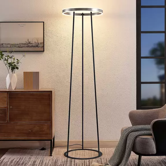 Lampenwelt Lucande Seppe LED-Stehleuchte, Ø 50 cm, nickel