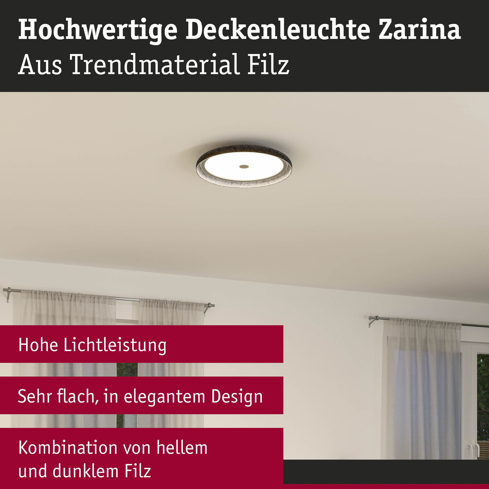 Paulmann LED лампа за таван Zarina, антрацит, филц, 3-степенно затъмняване