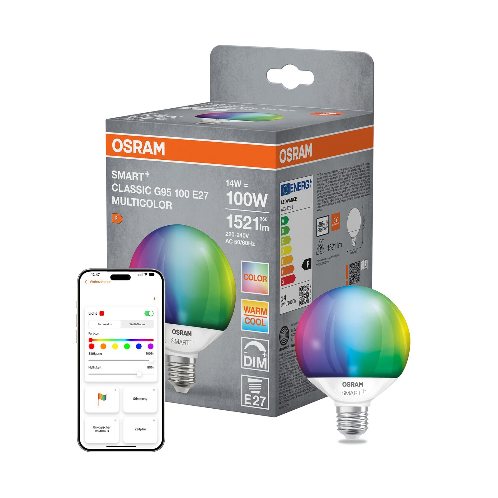OSRAM SMART+ WiFi LED-pære E27, G95 14W mat CCT RGB