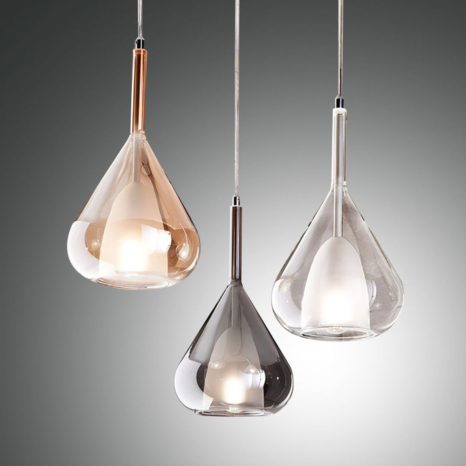 Fabas Luce Lila pendant lamp with a teardrop shape, 3-bulb, for Living / Dining Room, metal, borosilicate glass, E27, 40 W, energy efficiency: A++