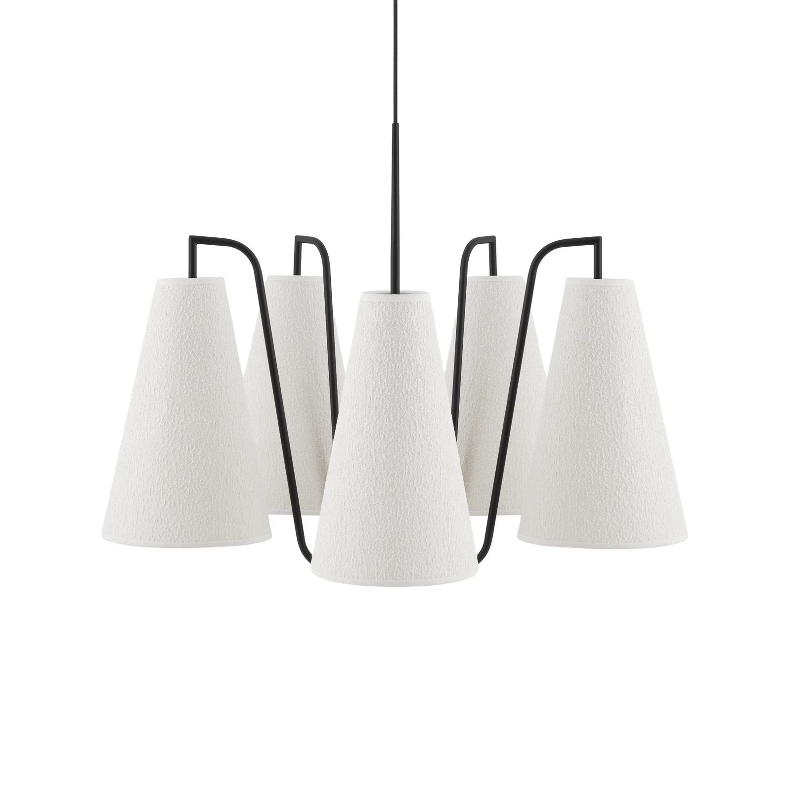 Lampada a sospensione Globen Lighting Lou 5, tessuto bianco bouclé/nero