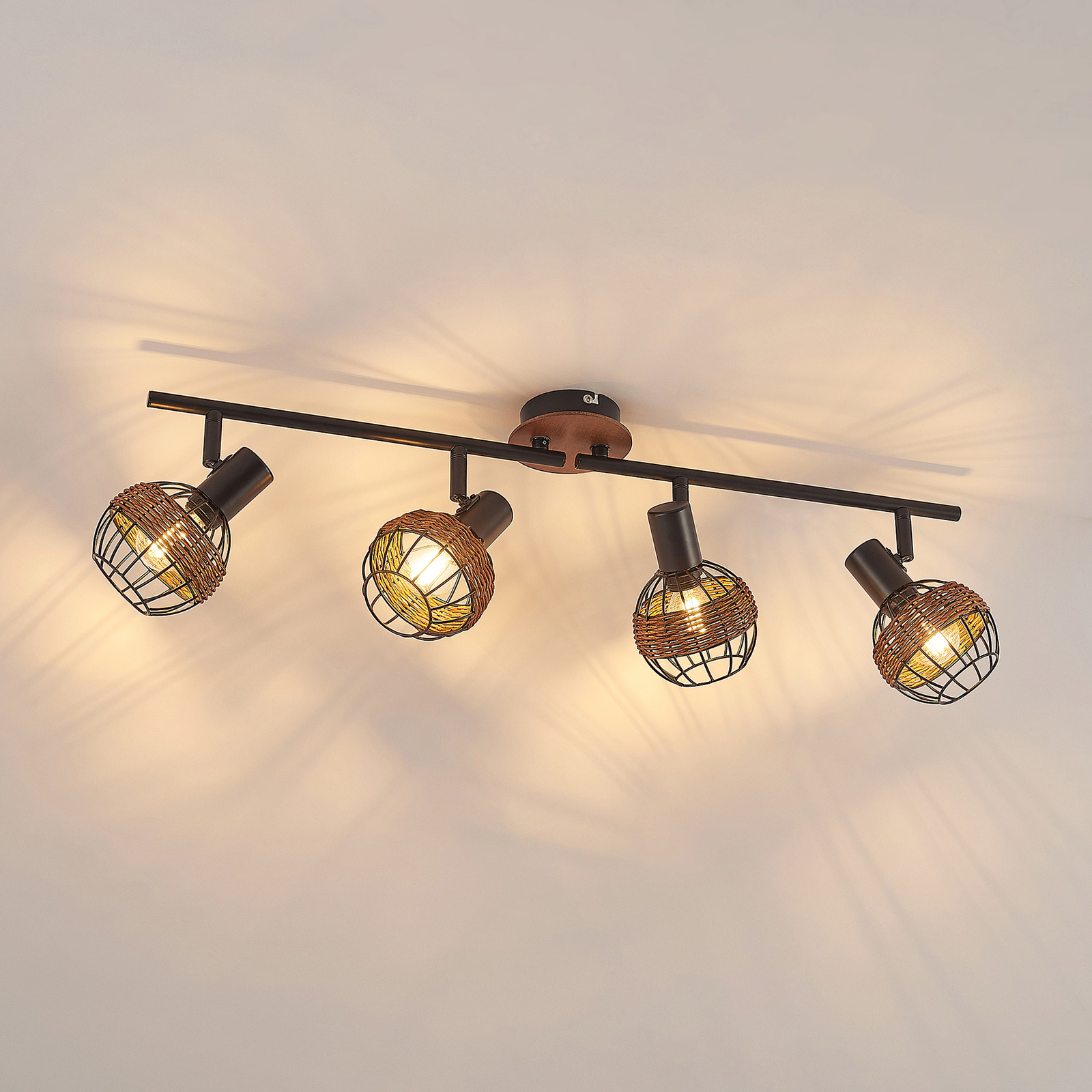 Lindby Nermina rattan spotlight, cage, fourbulb Lights.co.uk