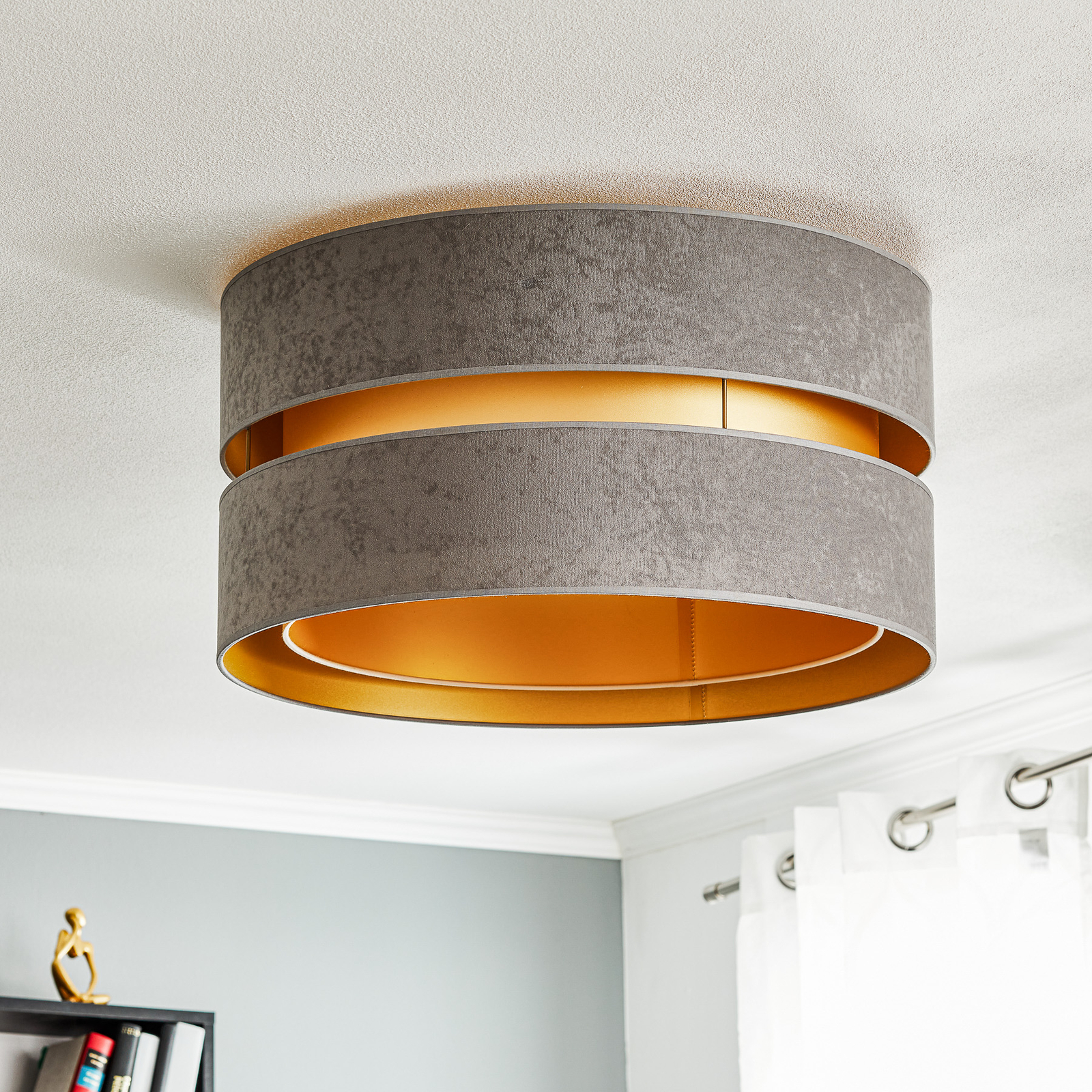 Duo ceiling light, fabric, grey/gold Ø 60 cm