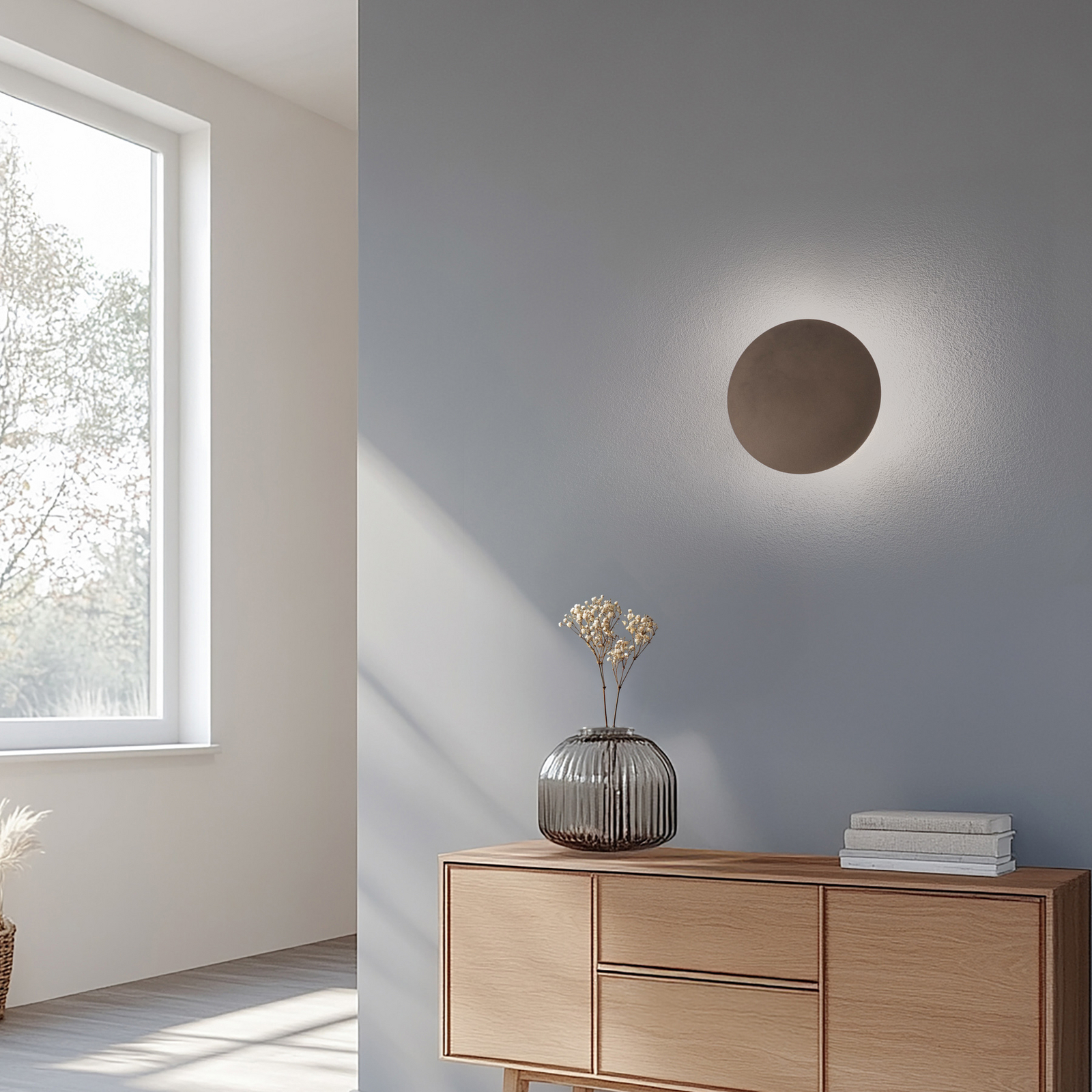 Applique murale Luna, brun, lumière indirecte, Ø 30 cm, acier