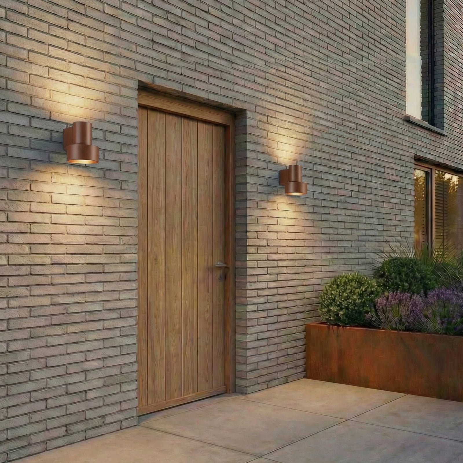 Elune LED-utomhusvägglampa, brun, IP44, upp/ned - Lucande