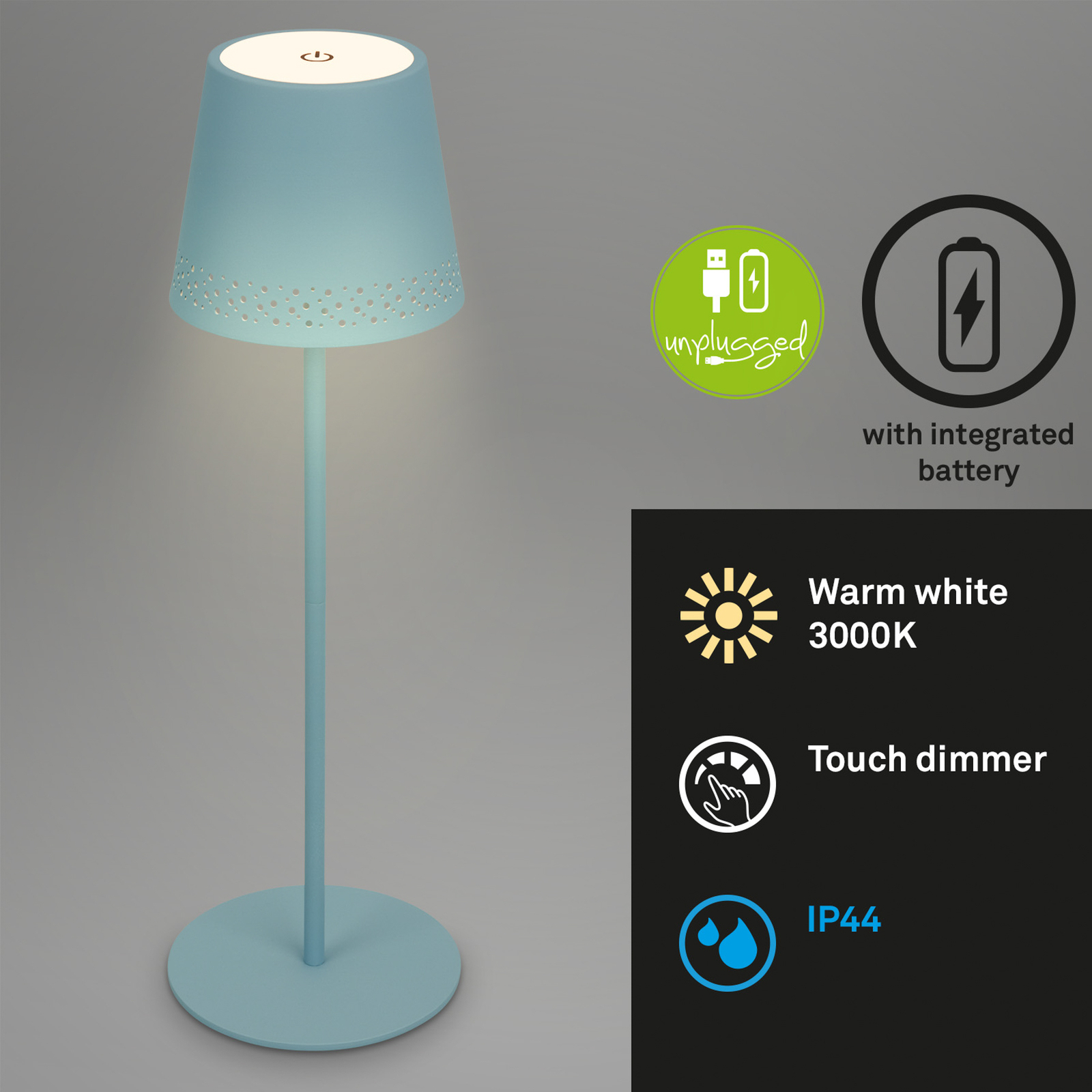 LED stolní lampa Kiki s baterií 3 000K, modrá