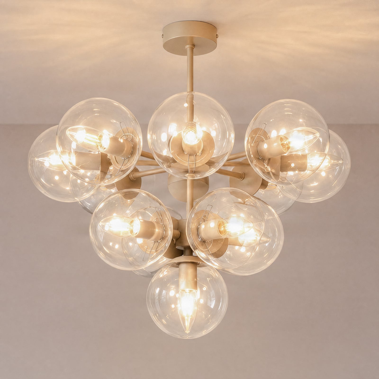 Zumba ceiling light, grey-beige/clear, 13-bulb, glass