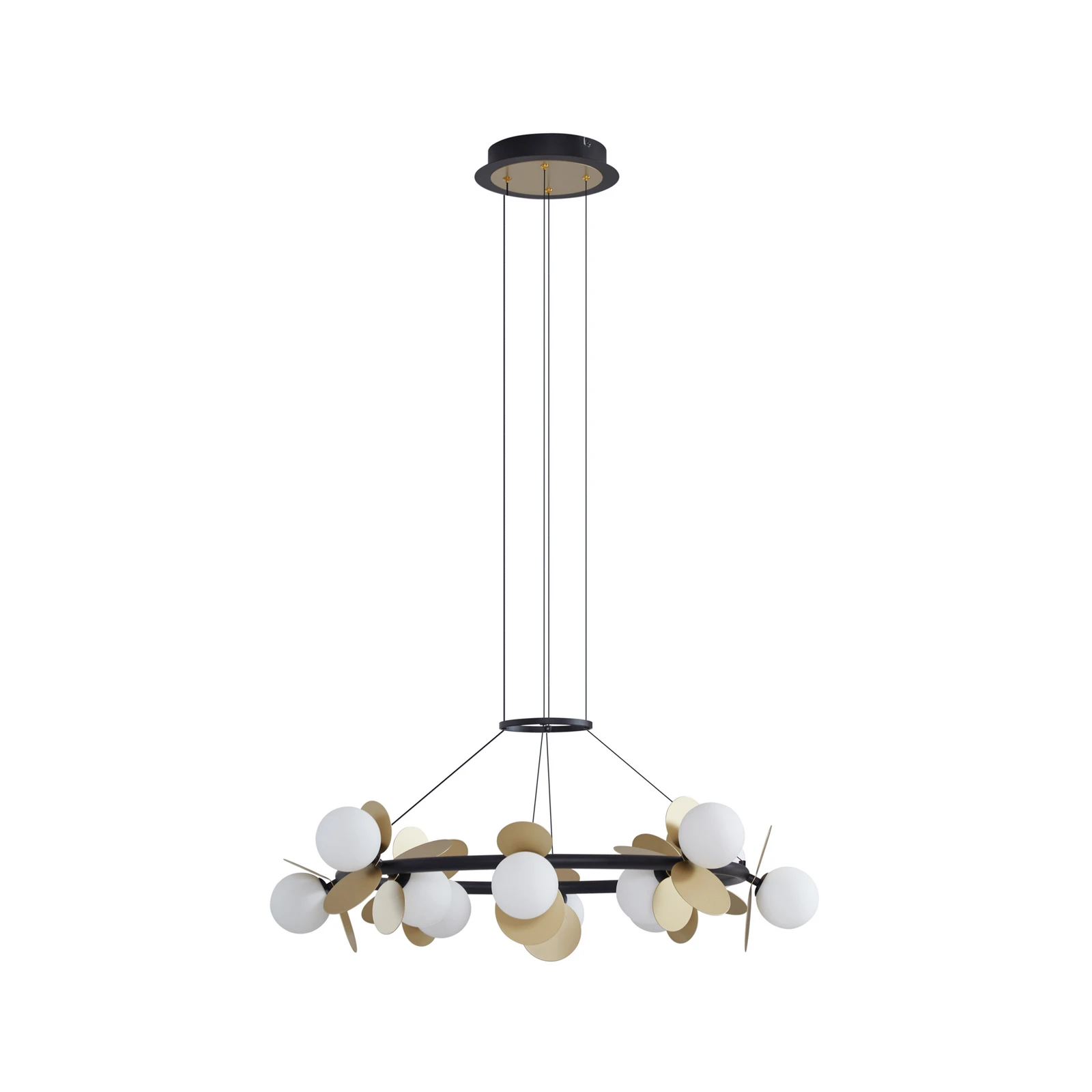 Lucande Suspension LED Pallo, 12 lampes, noir/or, verre
