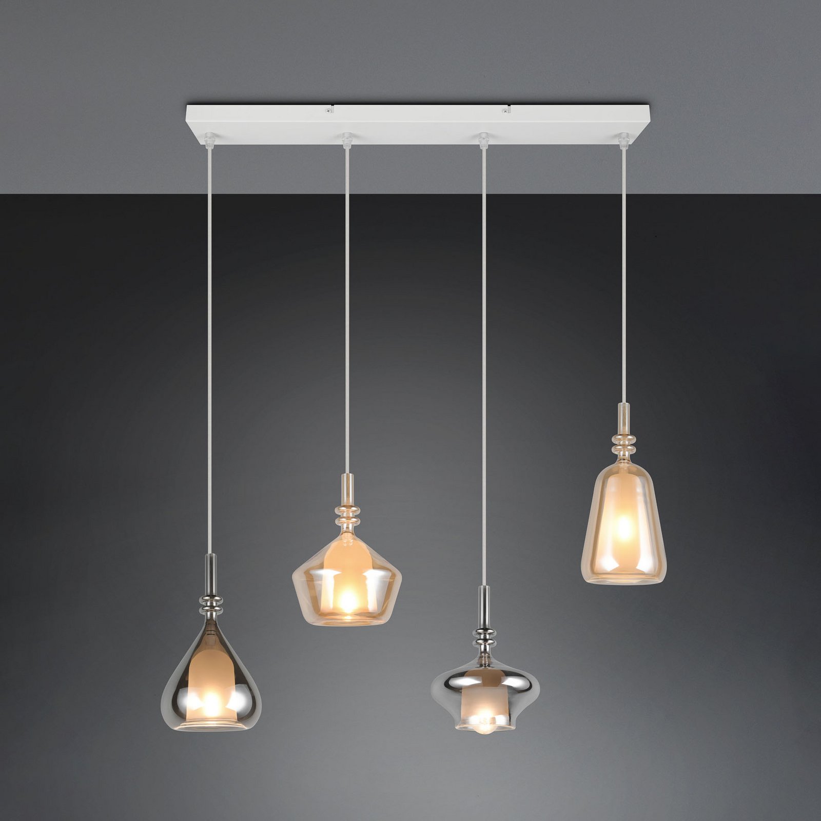 Pakabinama lempa „Aldea“, ilgis 65 cm, balta/gintaro spalvos/chromo stiklas, 4 Pakabinama lempa „Aldea“, ilgis 65 cm, balta/gintaro spalvos/chromo stiklas, 4