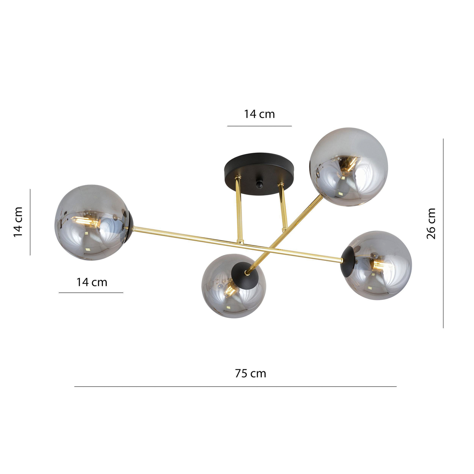 Plafonnier Magnum, 4 lampes, graphite/or/noir, verre, E14