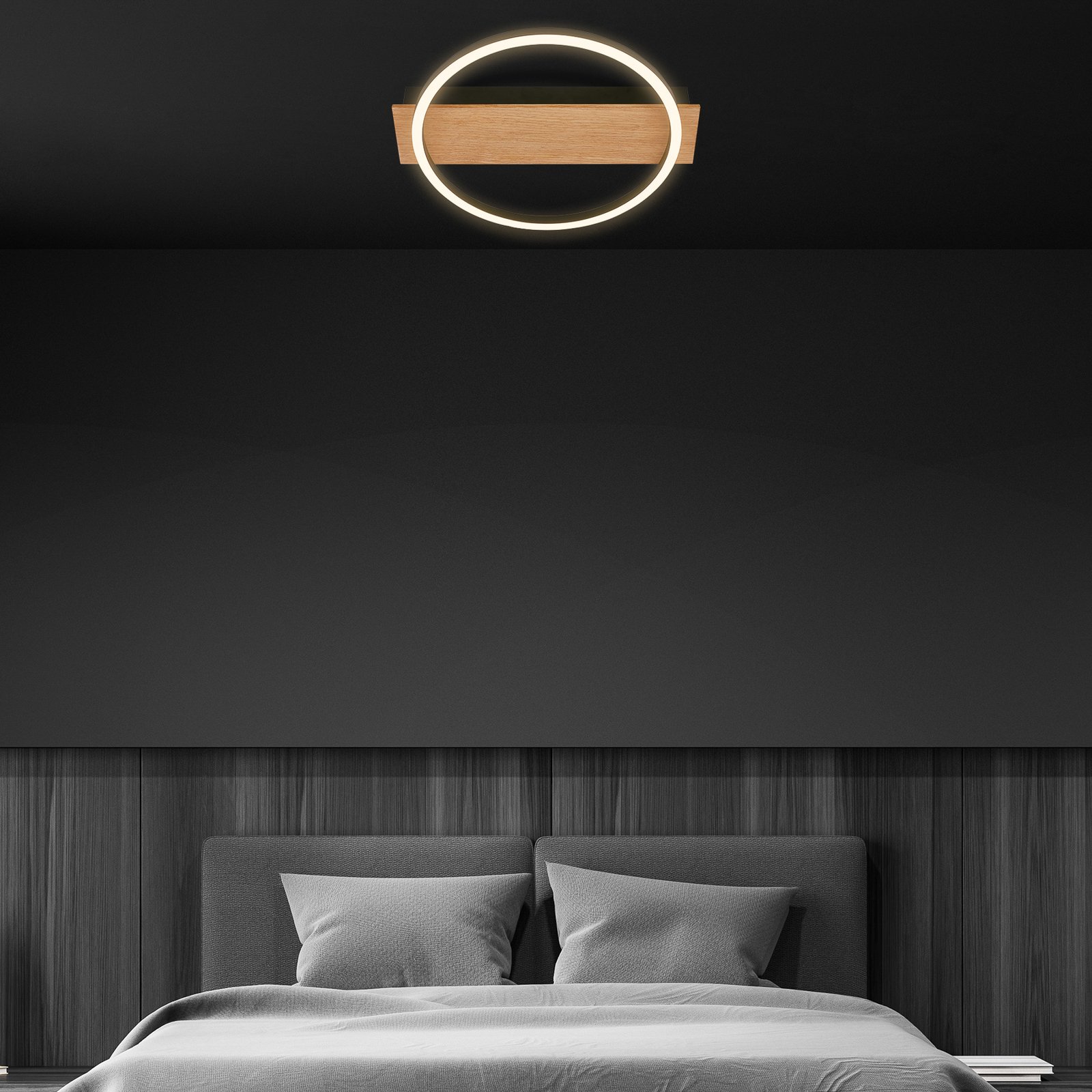 Plafón LED Kada, Ø 30 cm, madera, metal, negro