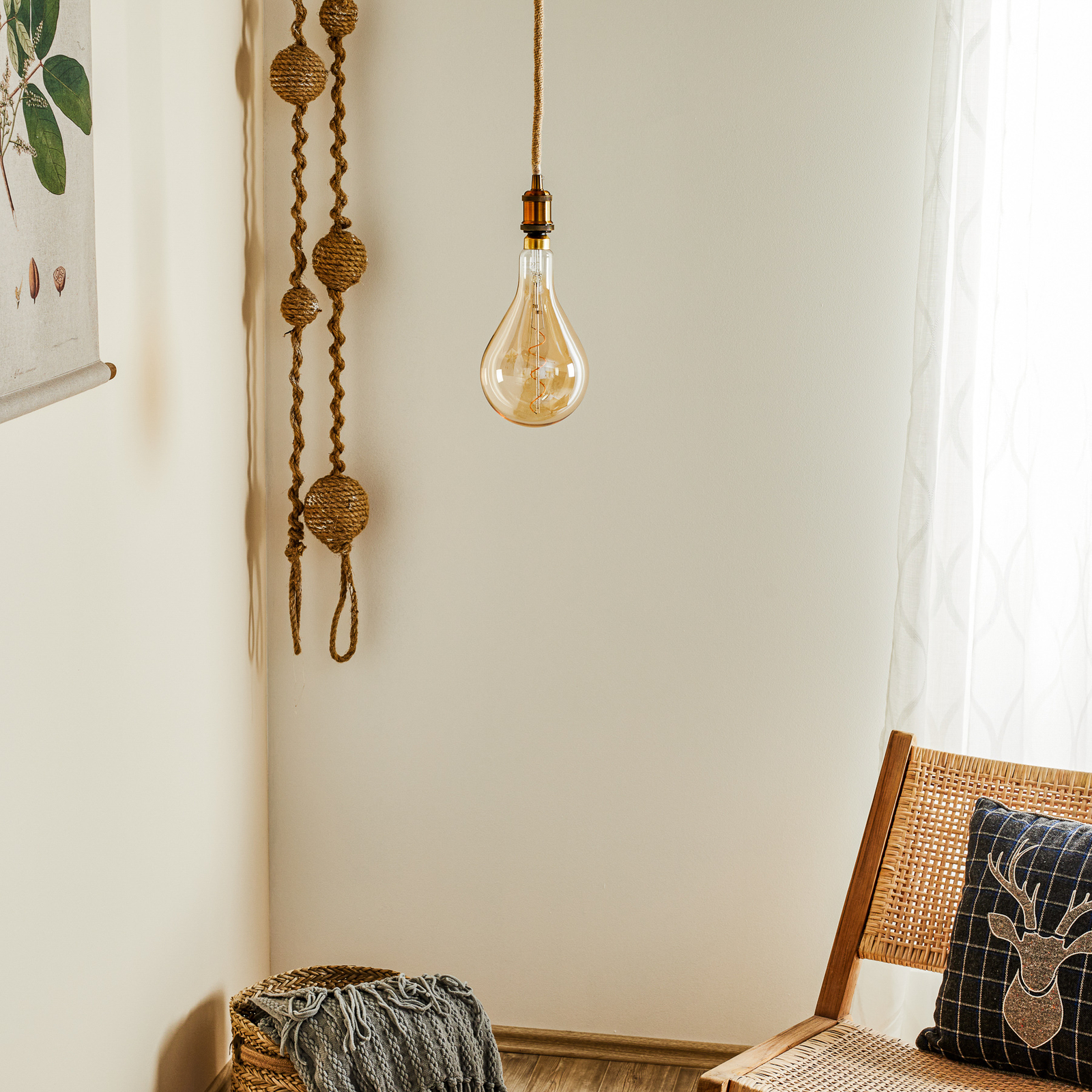 Ontario LED pendant light, hemp rope, one-bulb