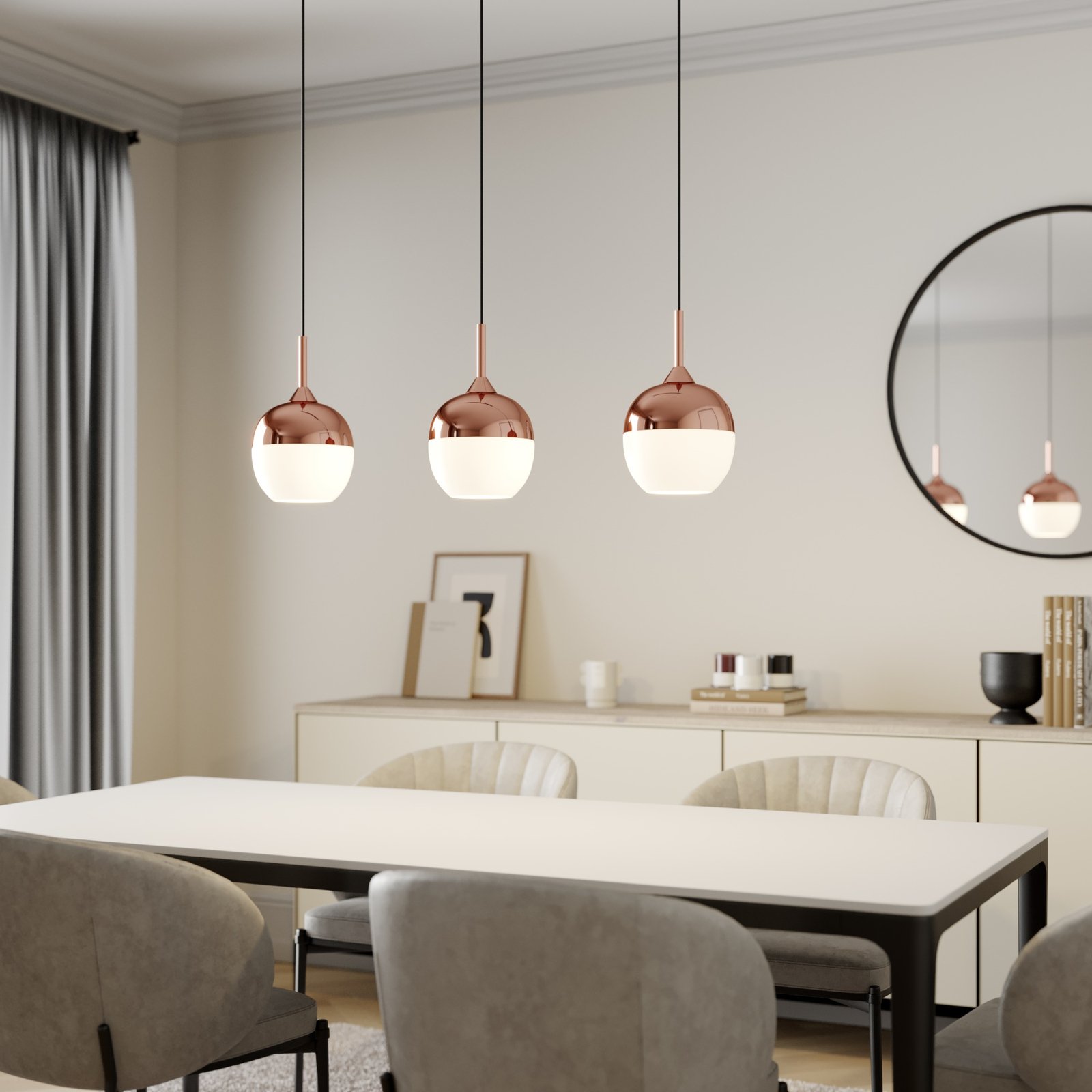 Lindby Pendellampe Rangina, 100 cm, kupfer, 3-flammig, Glas