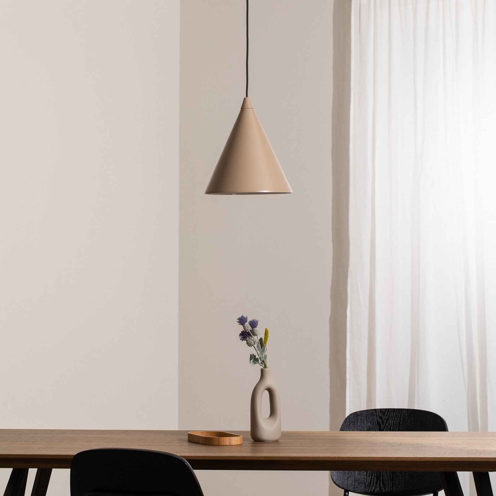 Pendant light, beige, metal, cone-shaped, 1-bulb, E27