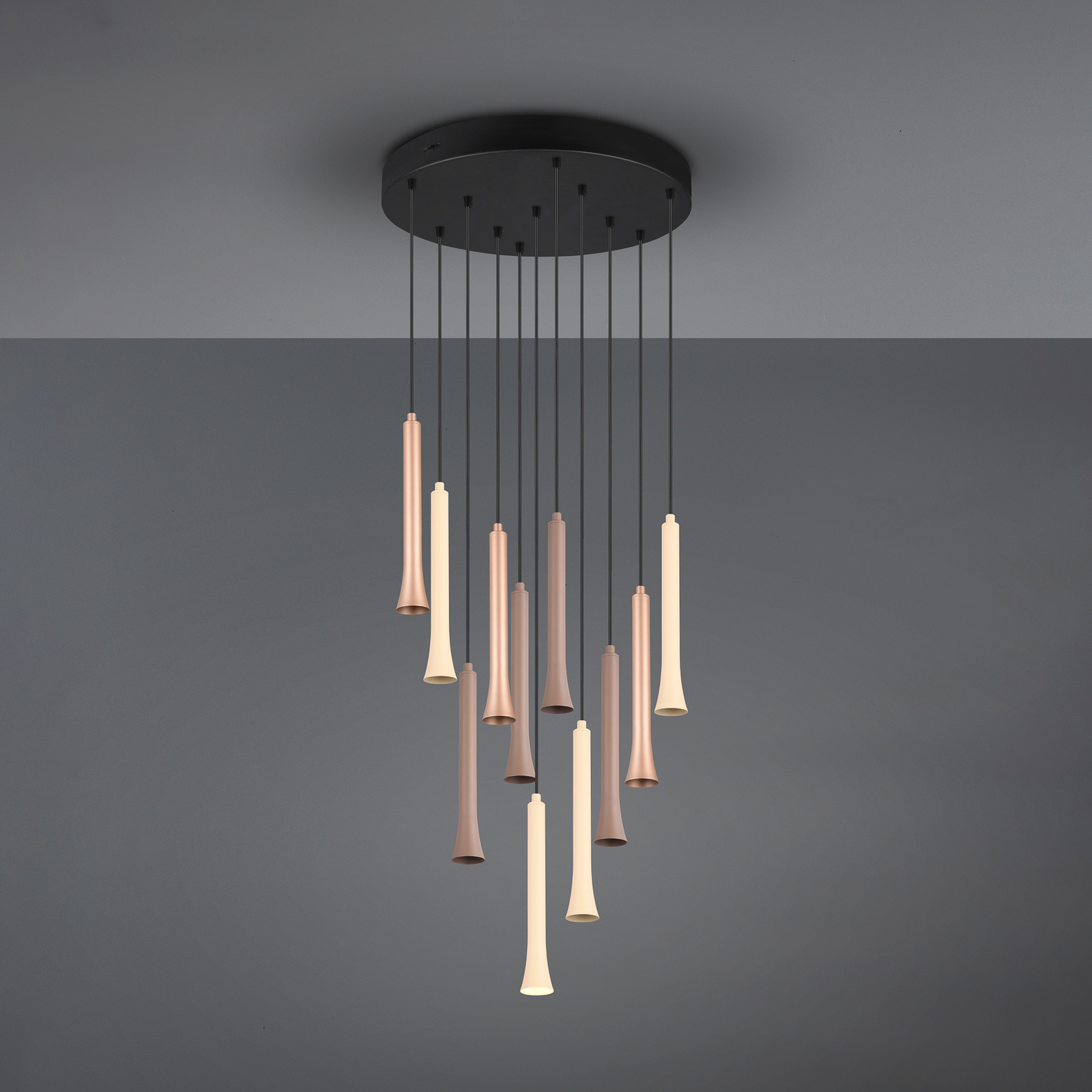 Suspension LED Fiato, 11 lampes, ronde, métal, taupe, coffee