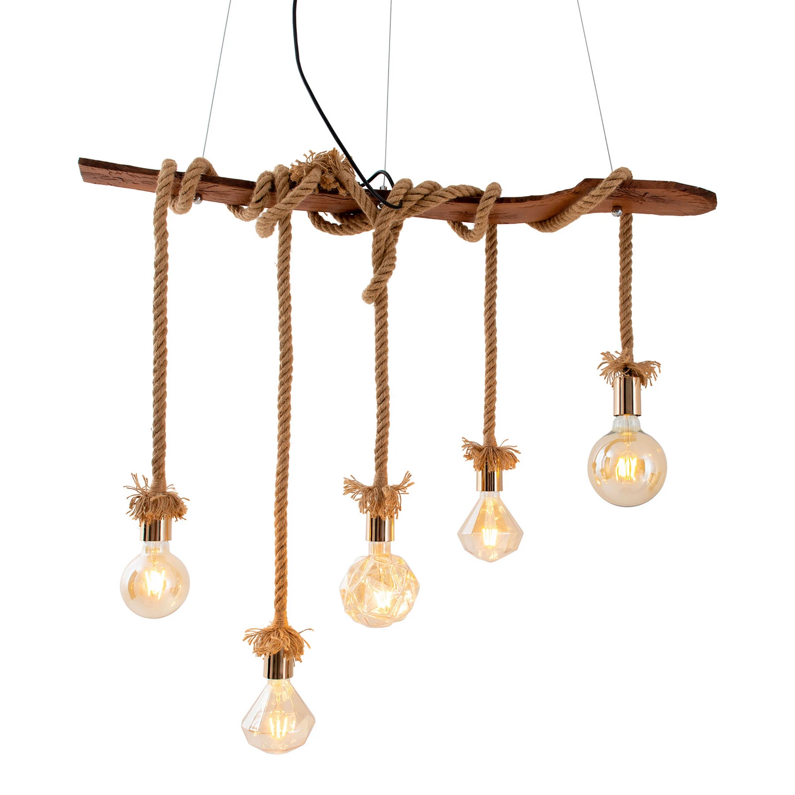 Hanglamp Rope, 5-lamps, van hout en Jute
