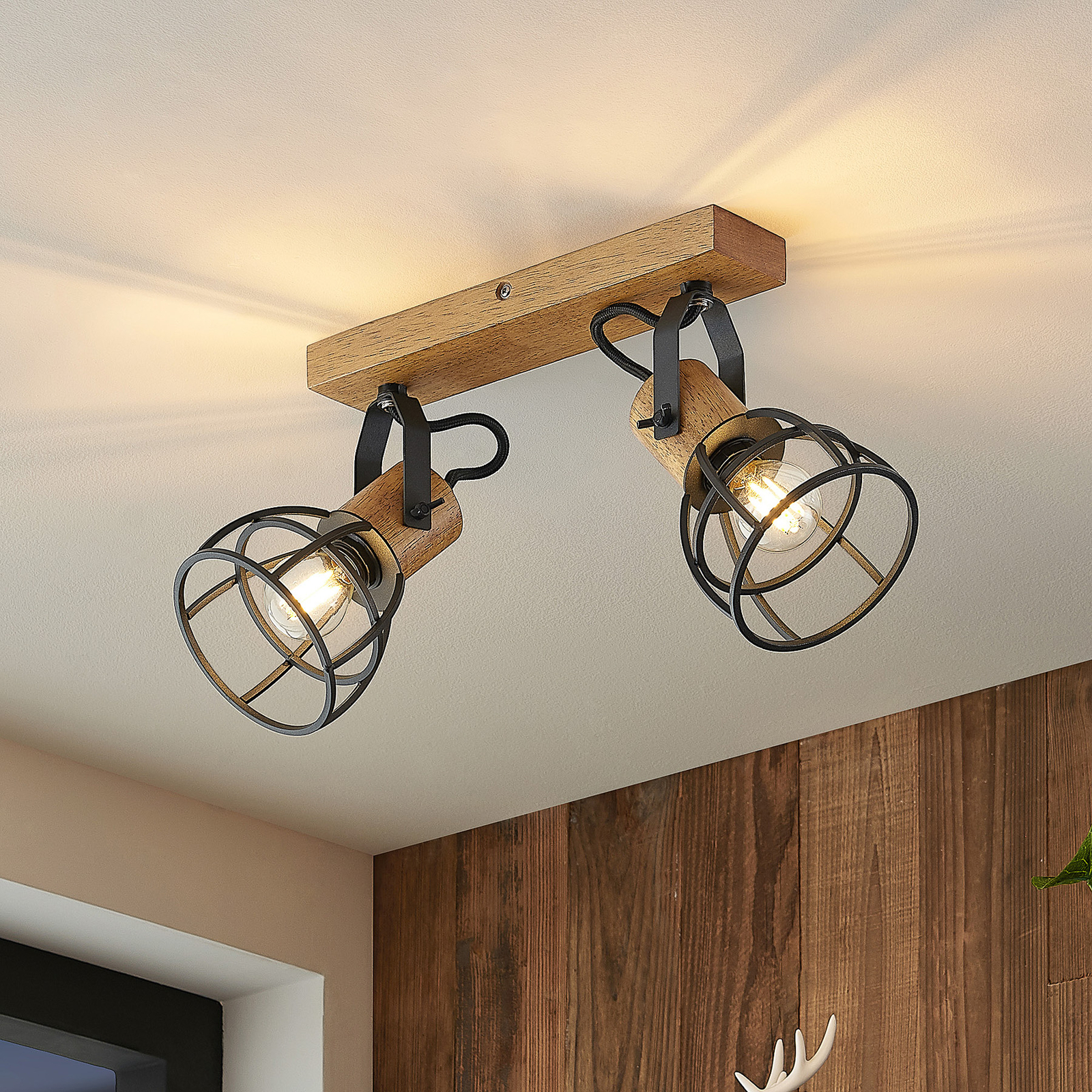 Lindby Flintos cage spotlight, 2-bulb light wood