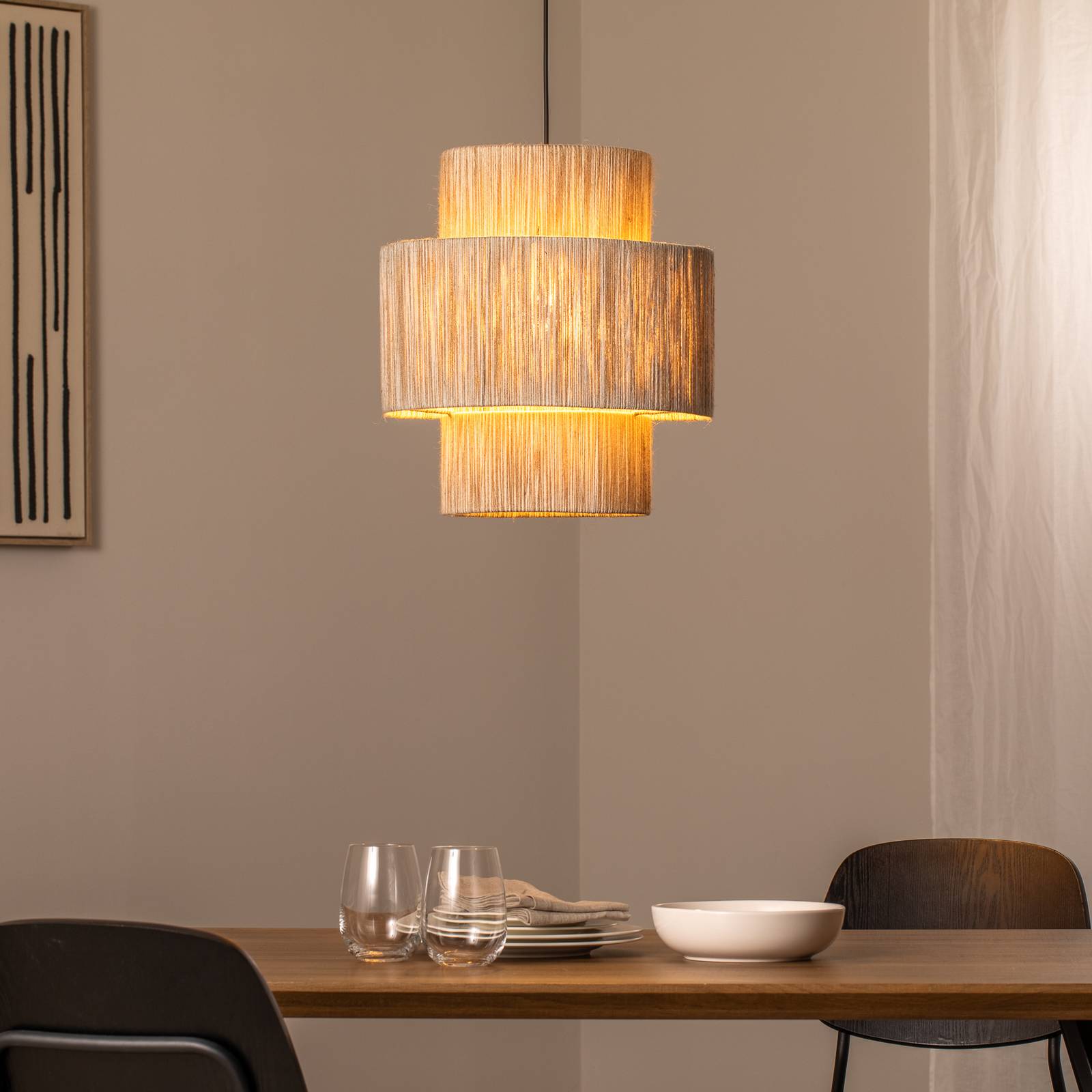 Hängeleuchte Sahra, braun, Seil, Ø 39 cm, Doppelschirm günstig online kaufen