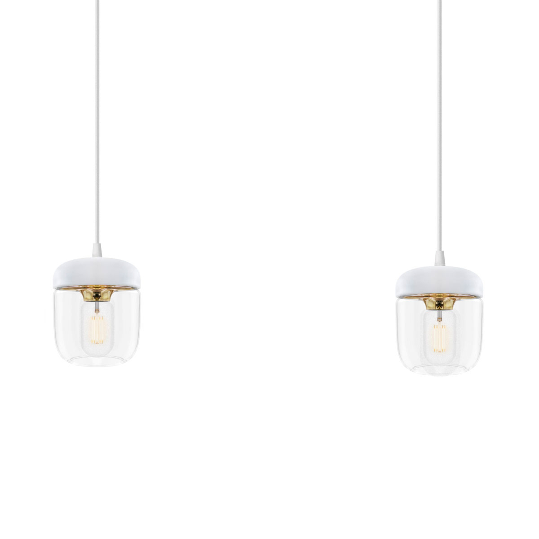 UMAGE Acorn hanging lamp two-bulb, white/brass, for Living / Dining Room, glass, silicone, aluminium, plastic, E27, 15 W, energy efficiency: A++