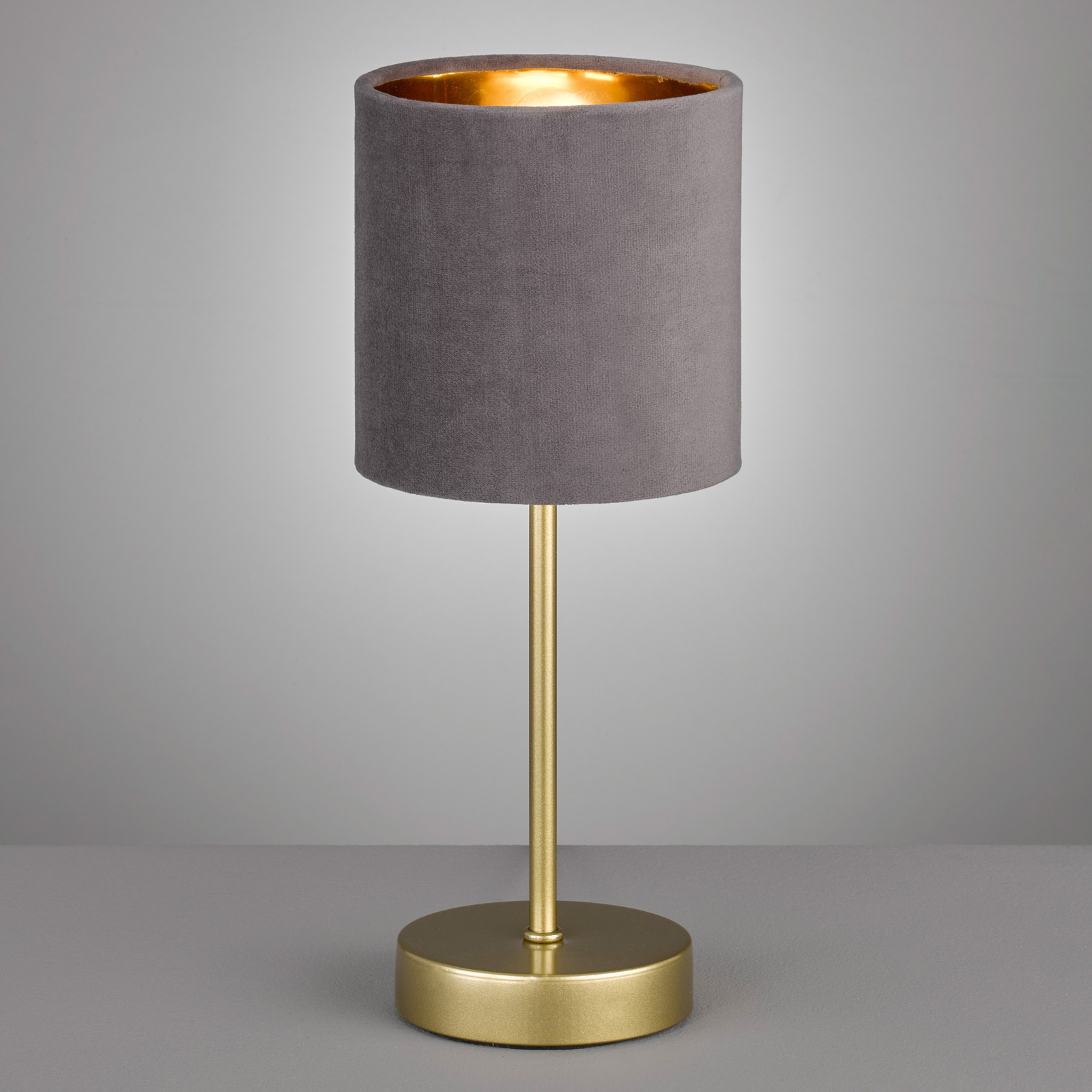 Lámpara de mesa Aura, pie oro, pantalla gris/oro