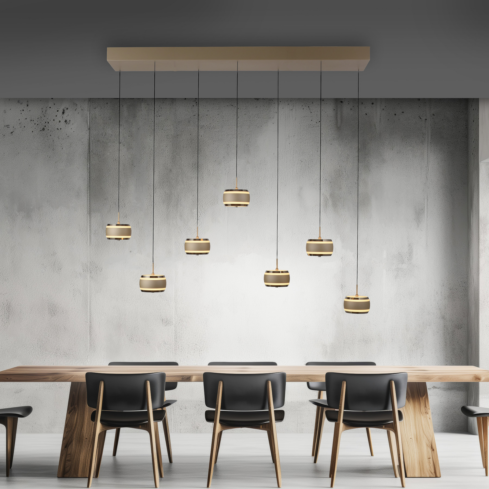 PURE LED-Hängelampe Falling Rings, bronze Länge 132 cm 7-fl.