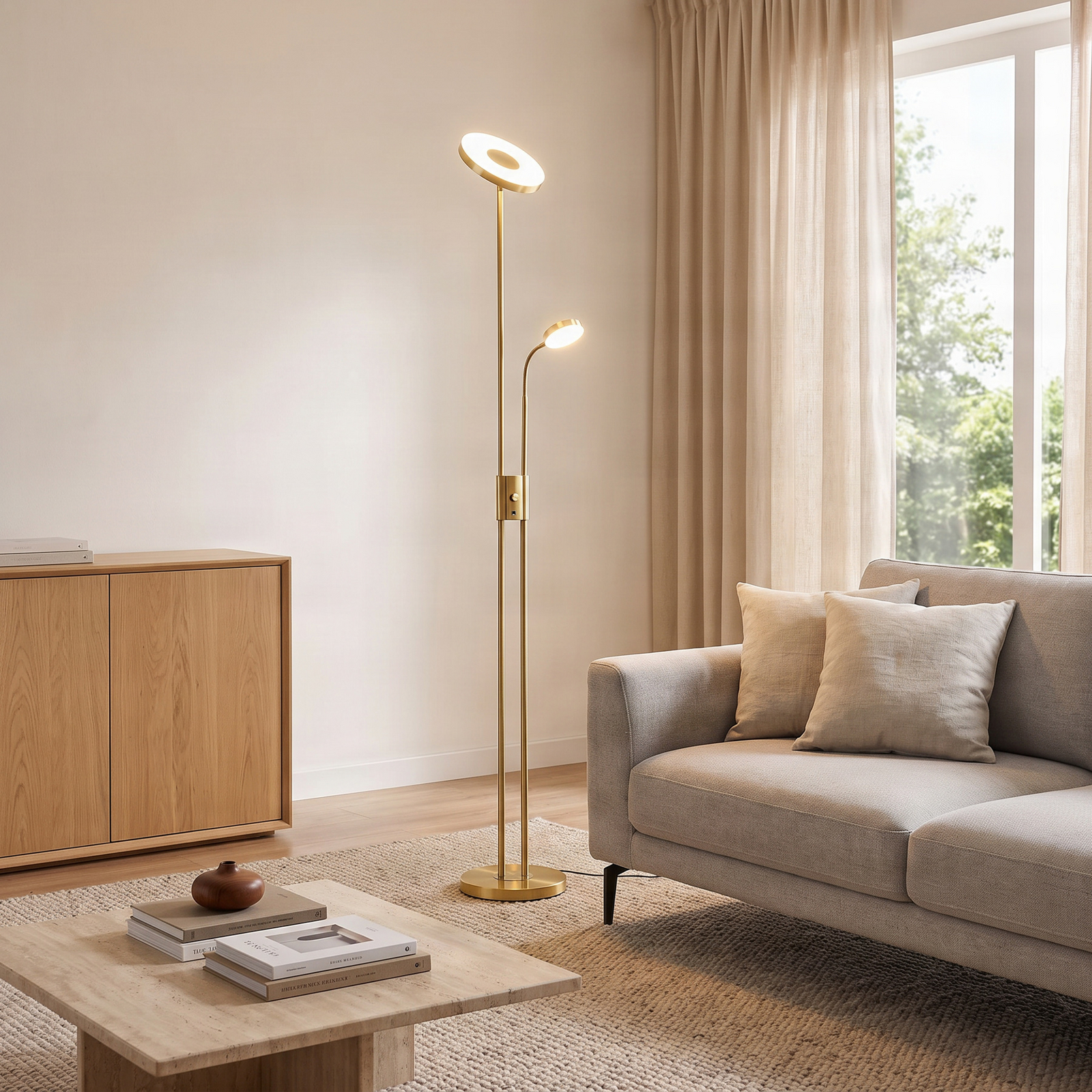 Lindby lampadaire LED Seppa, rond, laiton, métal, 180 cm Lindby lampadaire LED Seppa, rond, laiton, métal, 180 cm