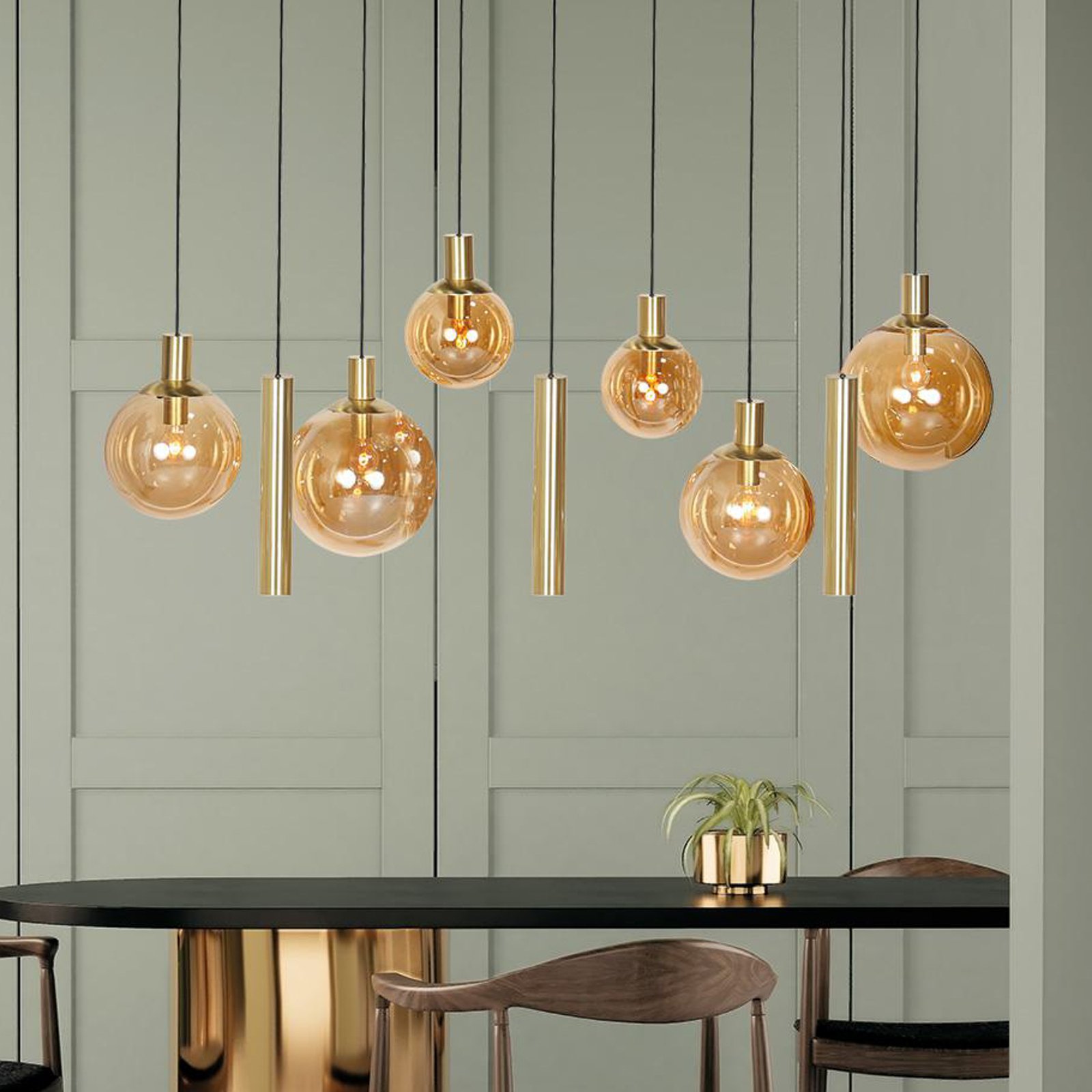 Bollique pendant light, brass, 9-bulb long, glass, metal